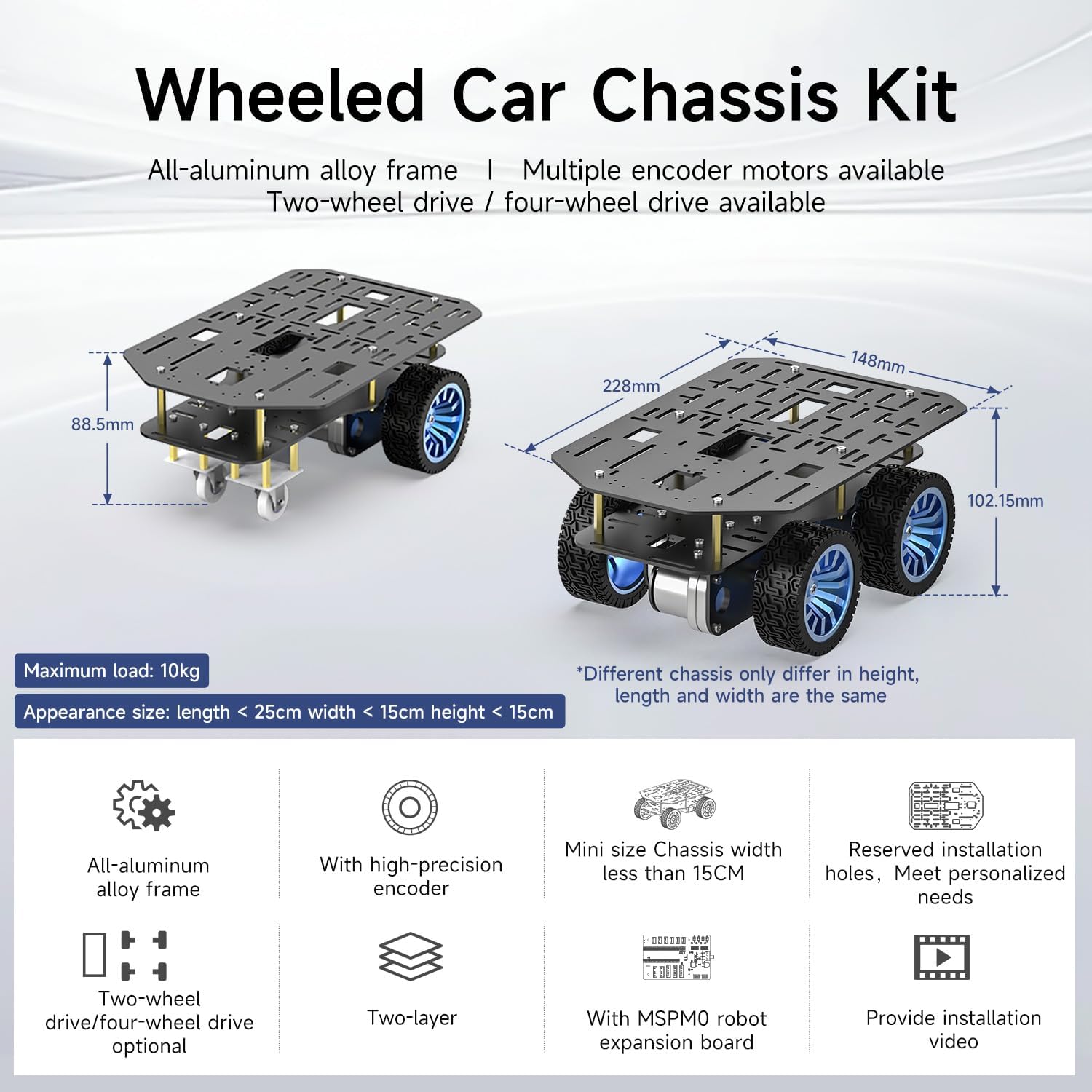 Yahboom 4WD Smart Chassis Car Kit with Aluminum Alloy Chassis,520 Encoder Motor,65mm Wheels,Robotic Moving Platform (Black, Unassembled) with Battery
