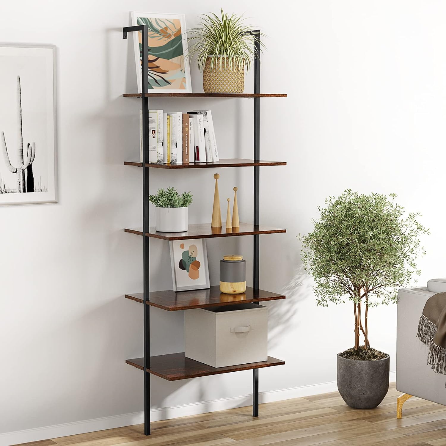 Cheapest 🛒 Ladder Bookshelf, UVII Industrial 5-Tier Bookshelf with Metal Frame and Wood, Wall Mounted Bookcase Open Shelf Organizer for Home Office, Bedroom and Living Room, Dark Walnut