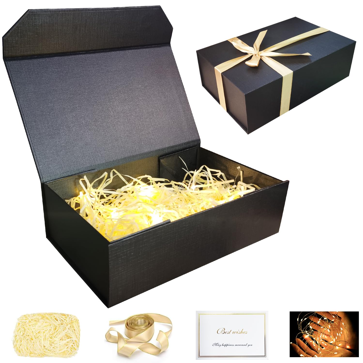 Photo 1 of Black Gift Box with Lid, 9.5"x 6"x 3"Magnetic Gift Boxes with Ribbon,Card, Shredded Filler and String Lights for Presents,Perfect for Wedding,Christmas,Birthdays,Crafting,Gift Packaging