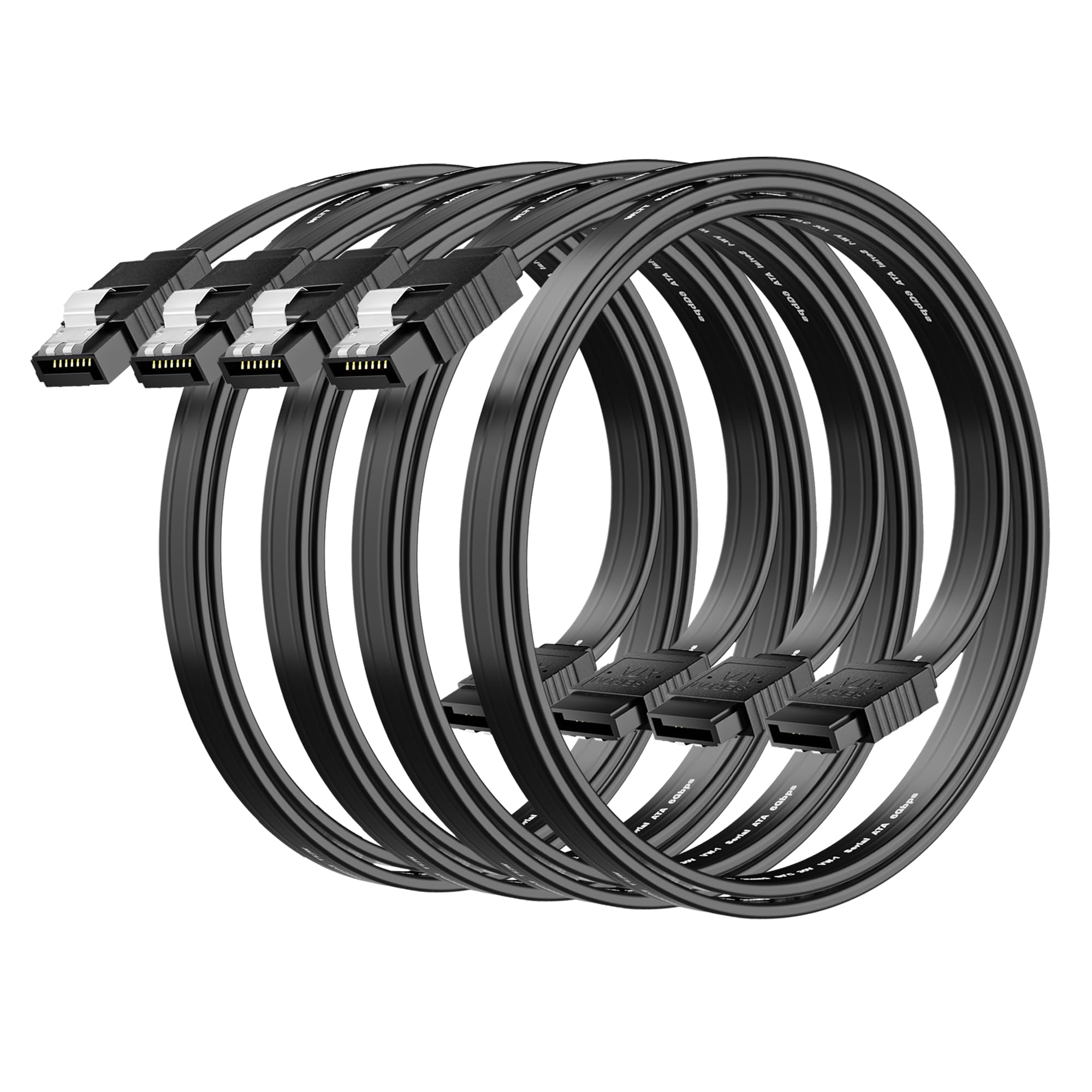 SATA Cable III 18 Inch (4-Pack), 7-Pin Straight Angle Connector, 6Gbps SATA Data Cord with Locking Latch, Compatible with HDD, SDD, CD Driver, CD Writer, Black Cable