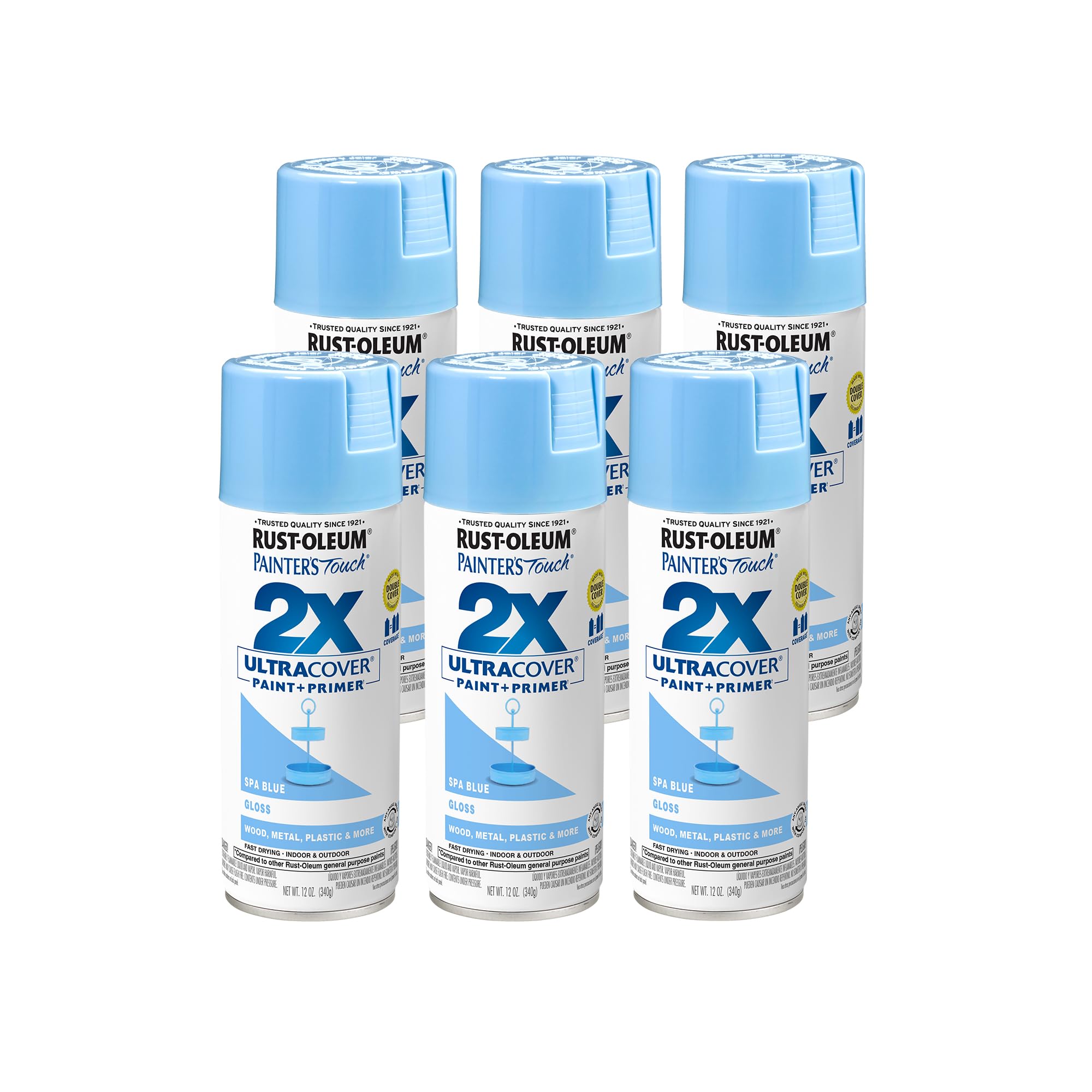 Rust-Oleum 334045-6PK Painter's Touch 2X Ultra Cover Spray Paint, 12 oz, Gloss Spa Blue, 6 Pack
