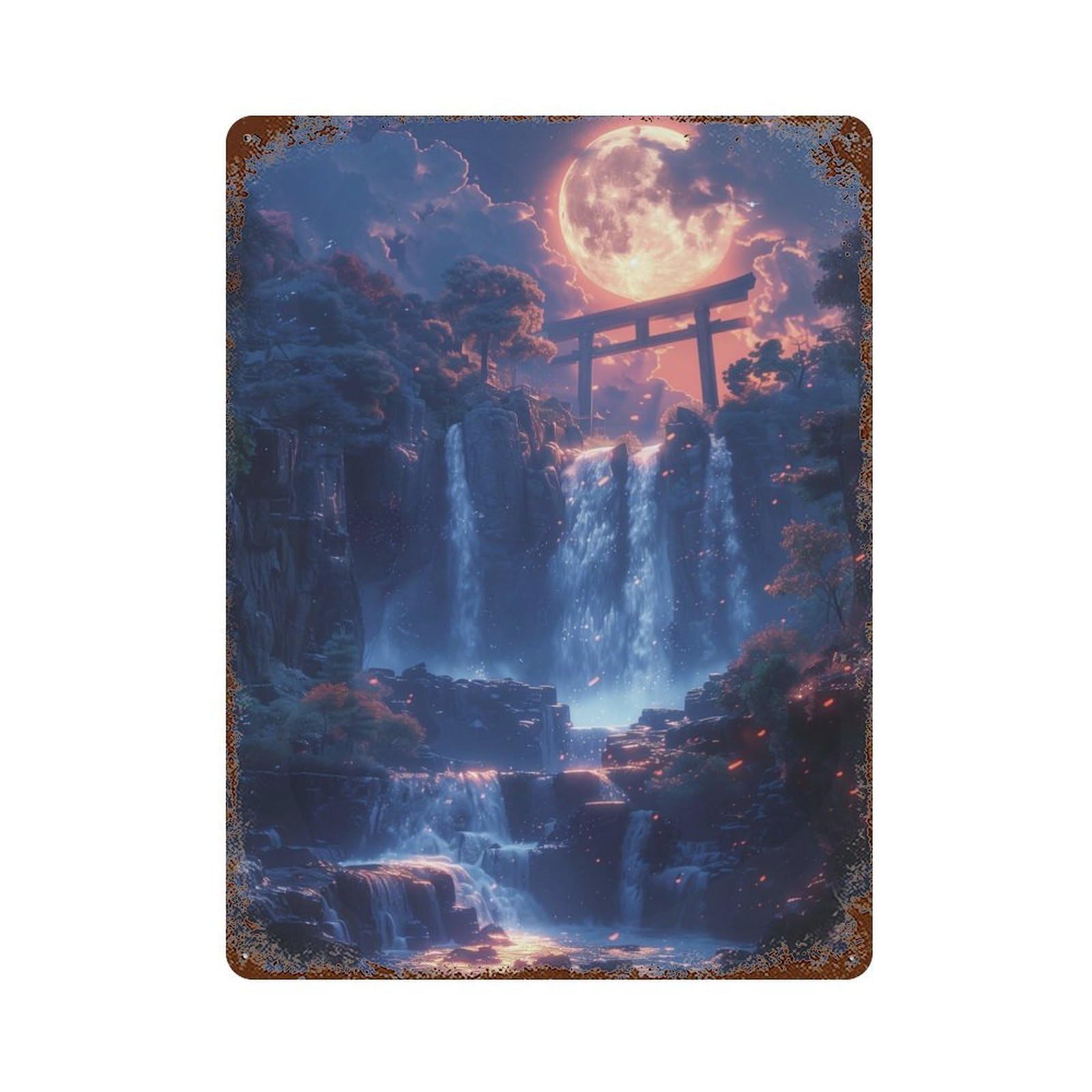 Rust Effect Moonlit Torii Waterfall Aged Metal Wall Plaque 15.7"x11.8", Rustic Home Decor for Bistro, Counter And Cafe Decor