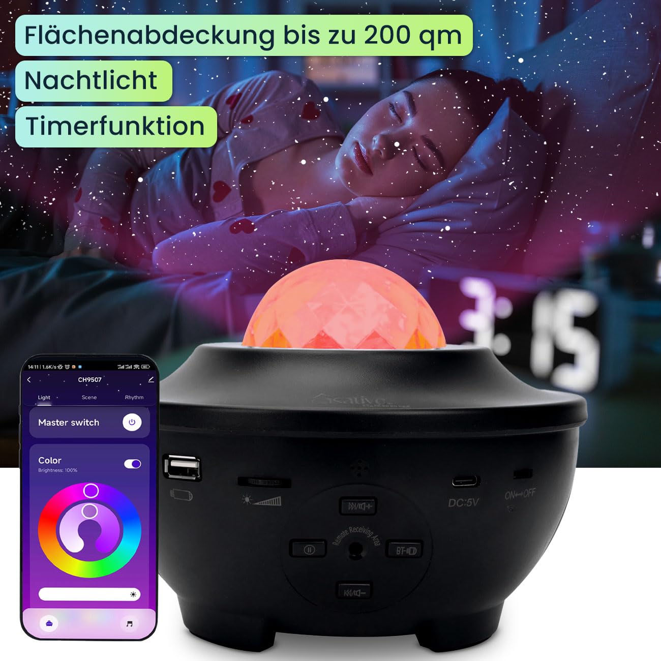 2er-Set Laser-Sternenhimmel-Projektor - Bluetooth Lautsprecher & Sprachsteuerung via App - Bis 200qm Abdeckung - WiFi, RGBW-LED, Nachtlicht & Timer