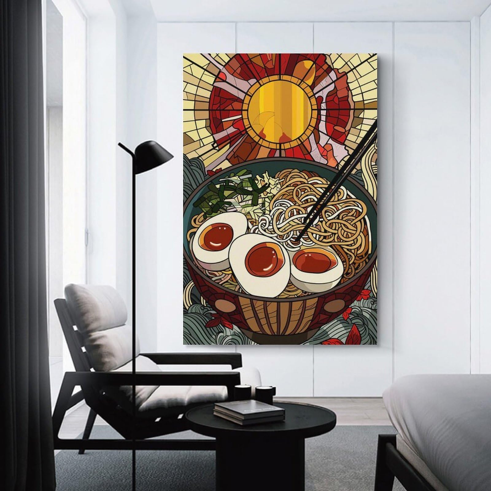 Junmoney Ramen Bowl with Stained Glass Sun Wall Picture Print 24x36inch(60x90cm), for Bedroom Decor, Cosy Corners Or Studios, Home Artwork with A Soft Interior Feel