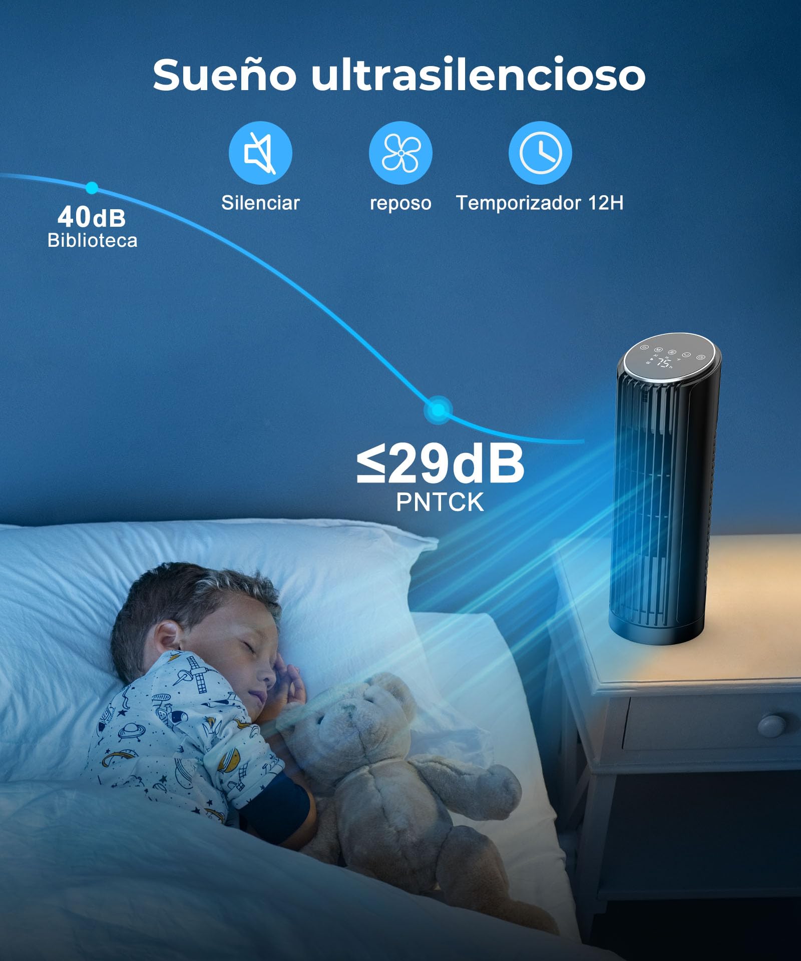 PNTCK Ventilador Torre con Mando a Distancia, 33 cm Ventilador Ultra Silencioso (24 dB) - 4 Modos y 4 Velocidades, Oscilación 70°, Temporizador 12H, Pantalla LED, Función Automática con Sensor