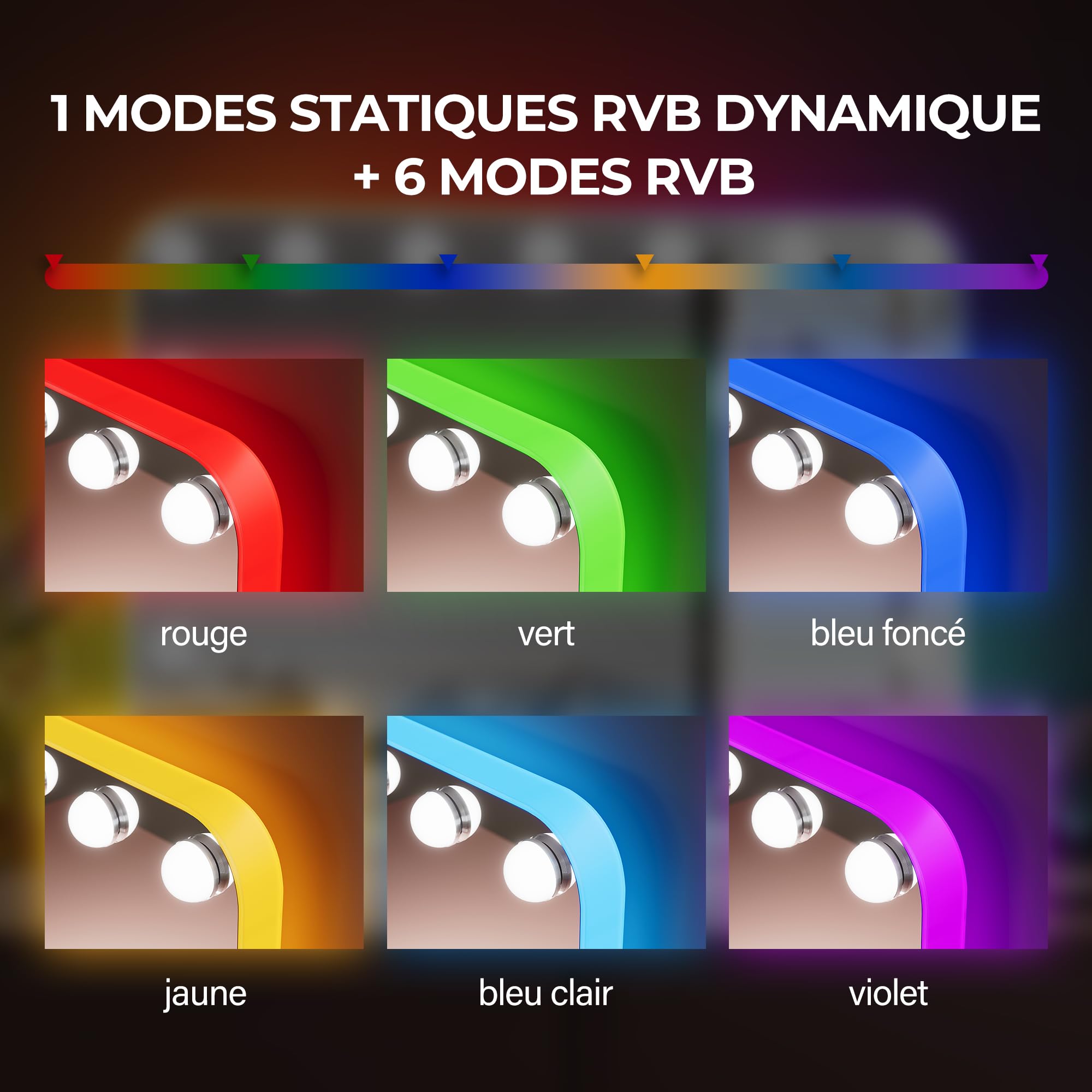 SIRHONA Miroir Hollywood Éclairage RVB 3 Températures Dimmable 15 LED 10X Grossissant 58x45cm