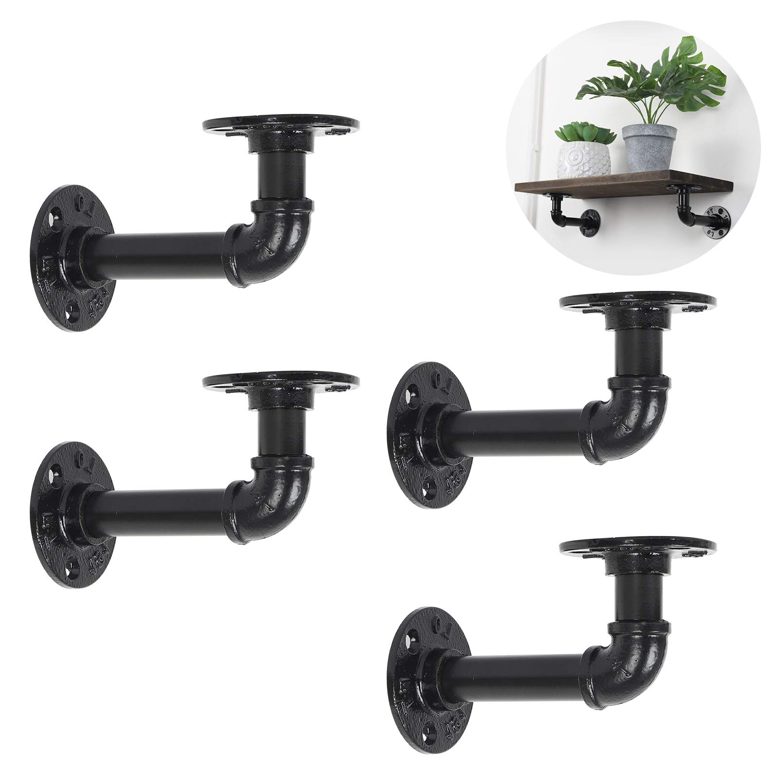 MOOACE Pipe Shelf Bracket, Industrial Iron Floating Shelves Heavy Duty Rustic Brackets for Shelving Support DIY Wall Mount, 4 Pack Black