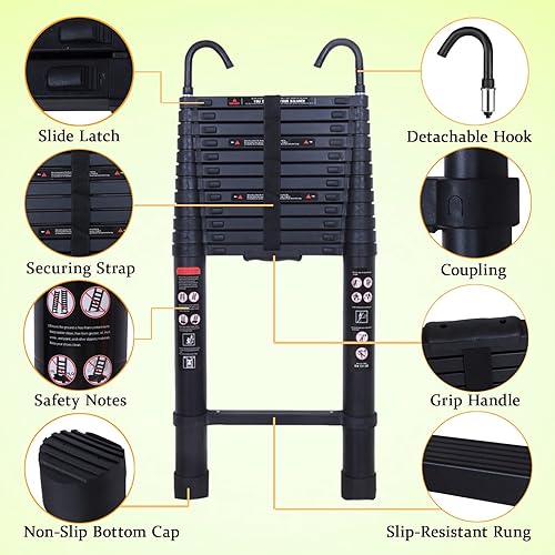 Miniatura 65 de Escalera telescópica de aluminio de 12.5 pies, escalera extensible con 2 ganchos desmontables, diseño de bloqueo de seguridad portátil y ligero