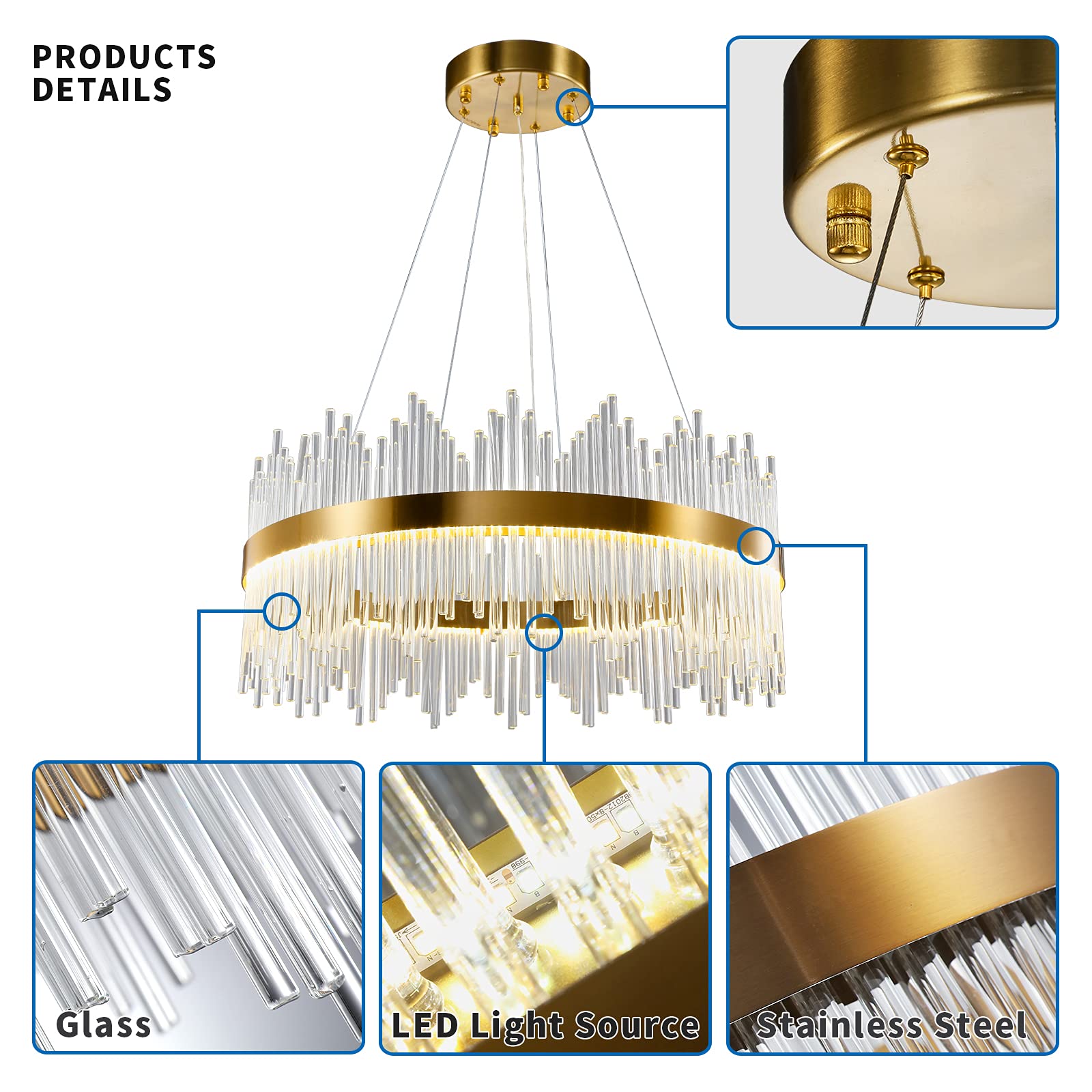 Modern Crystal Chandelier, Round Crystal Gold LED Hanging Ceiling Light, 3-Way Dimmable Pendant Lights Fixture for Dining Room, Living Room, Kitchen Island, Bedroom, D23.62 inch