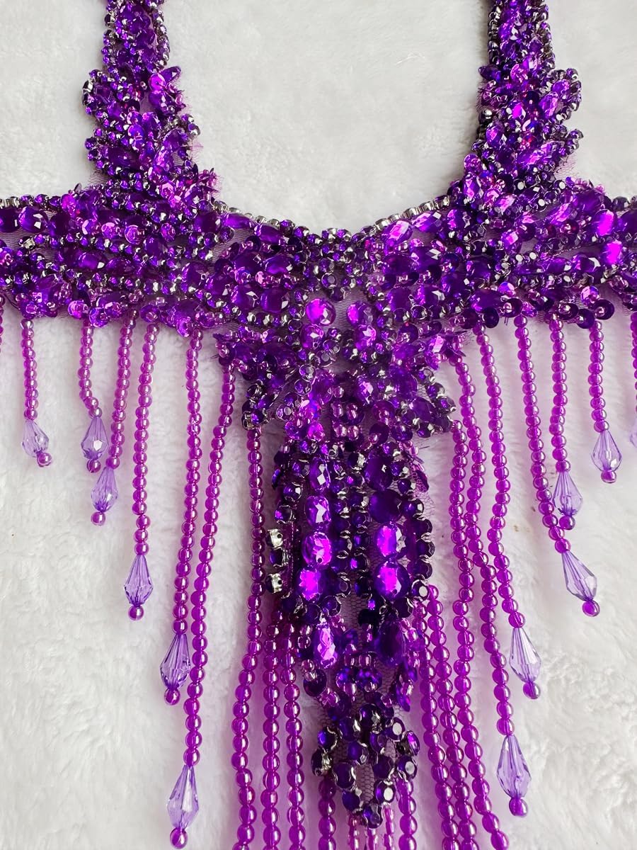 Pure Handmade Rhinestones Beads Patches Trim Bodice Applique Sewing Fringe Tassel Chain for DIY Clothing Wedding Decoration 15X19.6inches (Purple)