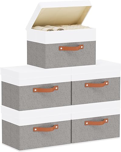 Miniatura 12 de Cesta de almacenamiento de tela con tapas, contenedores de almacenamiento plegables de lino, cajas organizadoras de armario con asas dobles, gris,