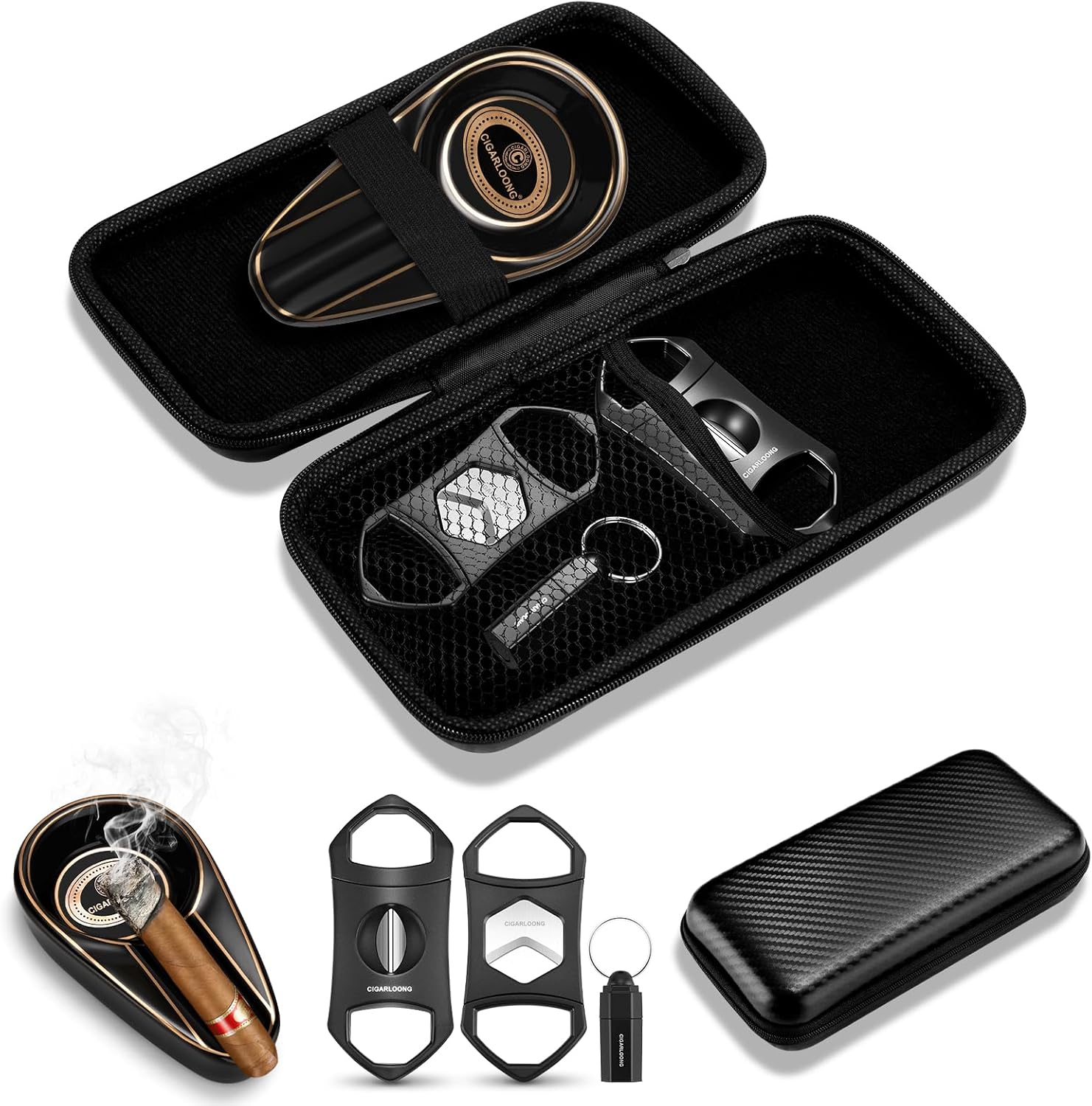 Cigar Accessories Set Multifunctional,V Cut Cigar Cutter, Straight Cutter, Ceramics Ashtray, Hole Puncher 4-in-1 Kit with Accessory Bag for Smoking, Travel, Outdoor, Cigars Gifts Set for Men (Small)