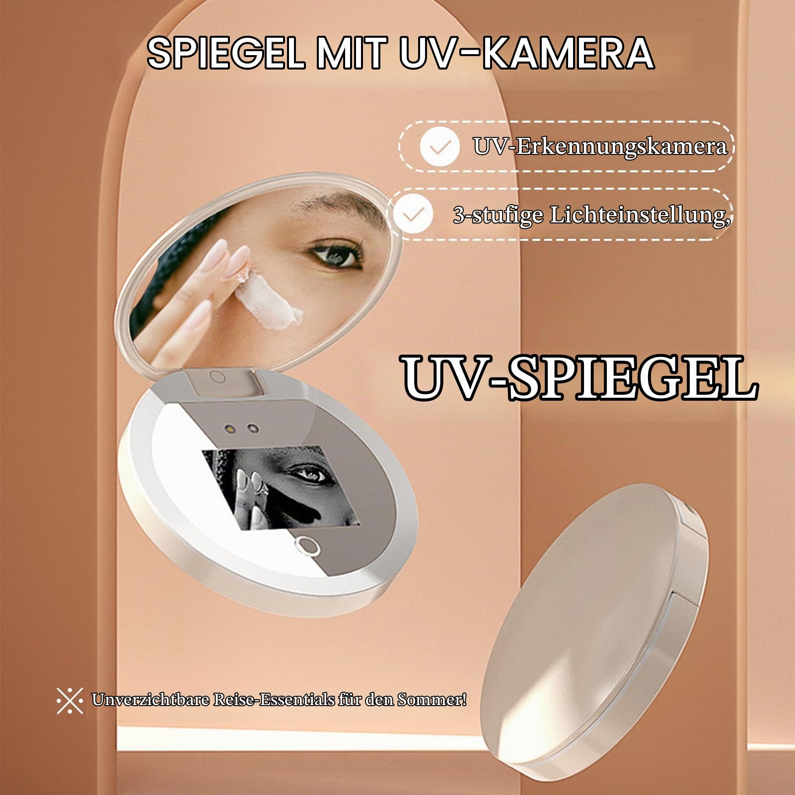 Yunseity Kompakter Spiegel mit UV-Kamera, 3,5-Zoll-2-facher Vergrößerung Reise-Make-up-Spiegel mit Licht Zur Überprüfung des Sonnenschutz Mittels Im Gesicht, Doppelseitiger
