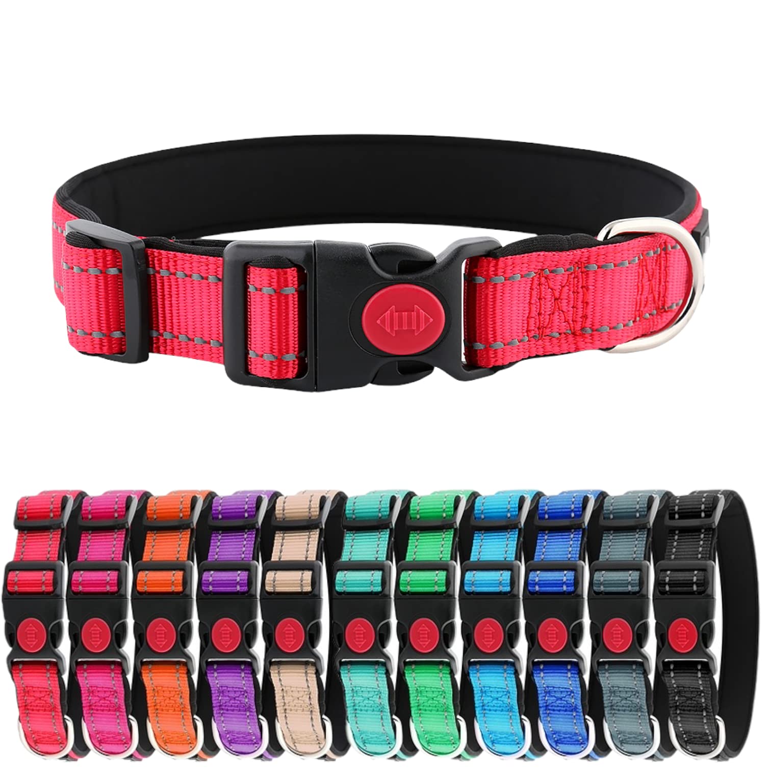 Dash Pet Accessories Neoprene Padded Reflective Adjustable Dog Collar With Safety Buckle (Red, Medium (35-50CM))