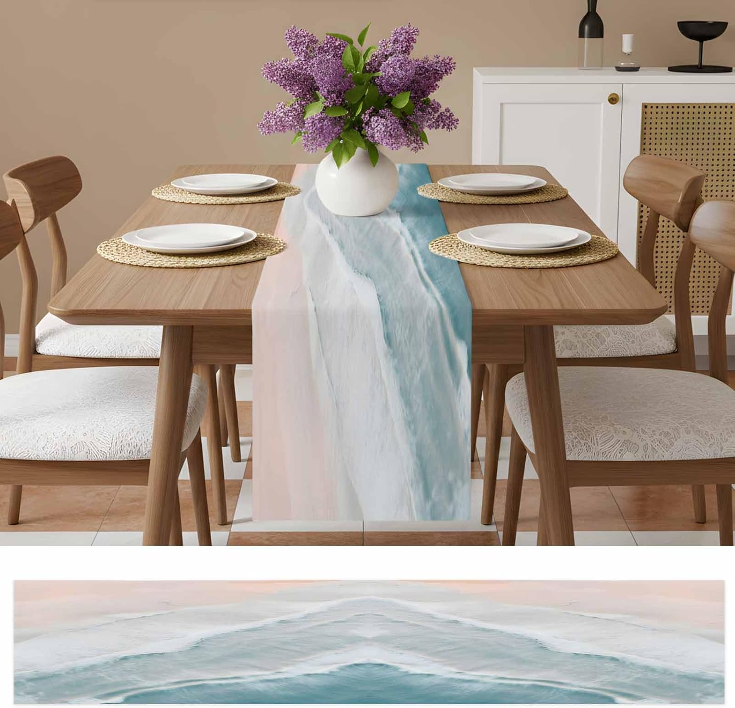 Sea Wave Table Runner 13x90 Inch - Linen Burlap Table Runners 90 inches Long, Machine Washable Table Runner for Everyday Use Home Decoration - Blue Ocean Beach Theme