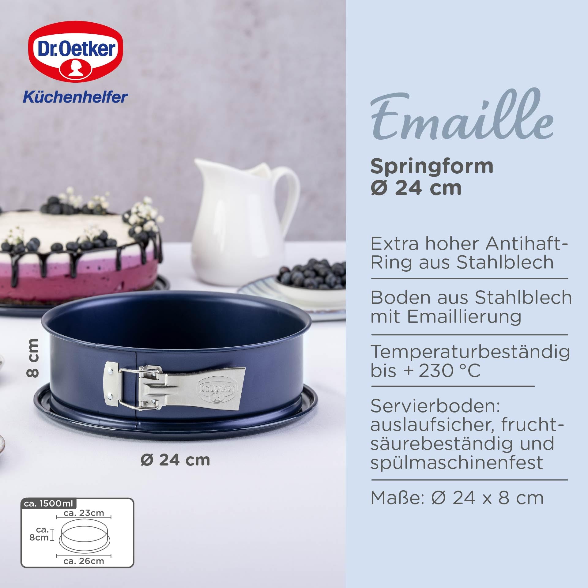 Dr. Oetker Moule à charnière - Diamètre : 24 cm - en émail - Rond - avec Fond en émail résistant aux coupures et aux Rayures - Moule à gâteau à Bord Extra Haut - Bleu foncé