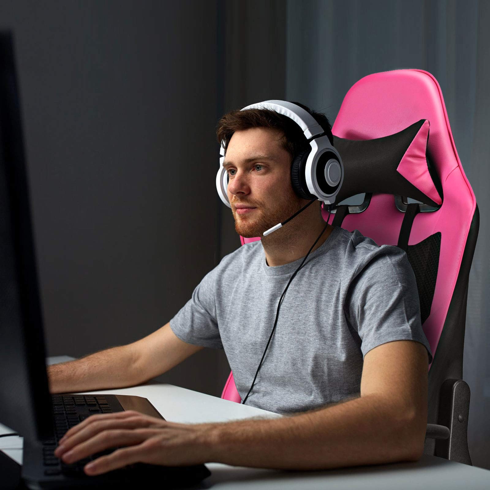 Giantex Massage Gaming Chair Pink Ergonomic Video Game Chair with Footrest High Back E-Sport Computer Chair with Headrest & Massager Lumbar Support PU Leather Gaming Seat product thumbnail 3
