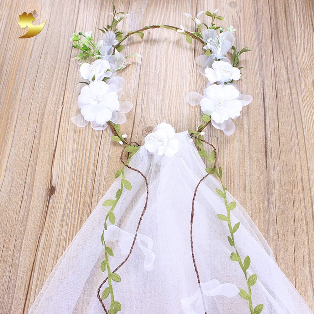 Beaupretty Wedding Bridal Veil Floral Garland Veil Flower Crown Veil Boho for Wedding Beach White