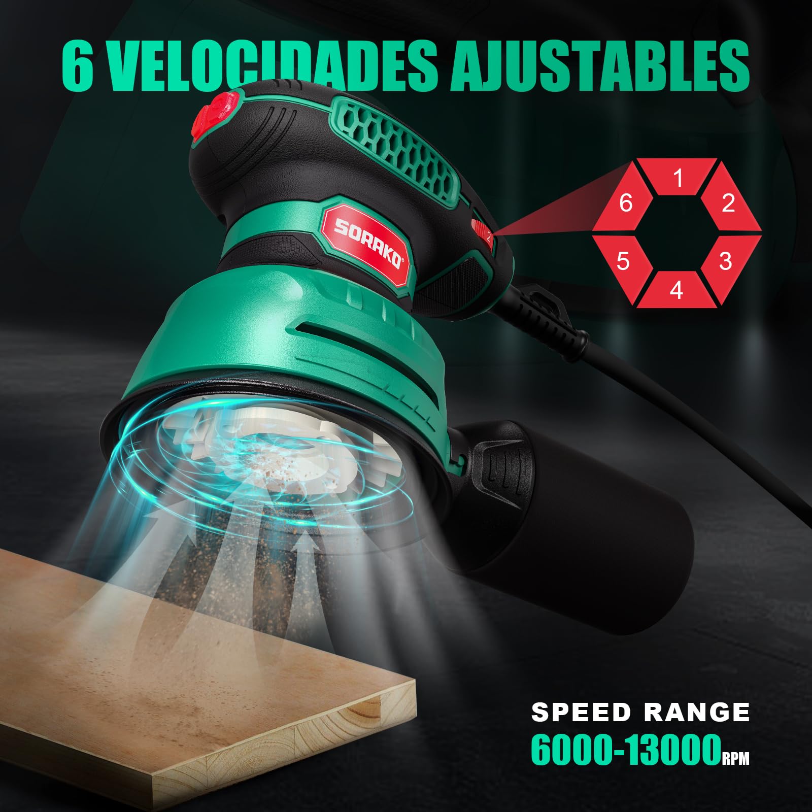 Lijadora Orbital 350W 125MM - 6 velocidades,16 hojas de lijado incluidas,con recolección de polvo y función de freno rápido,Ideal para lijar y pulir madera,en proyectos de afición