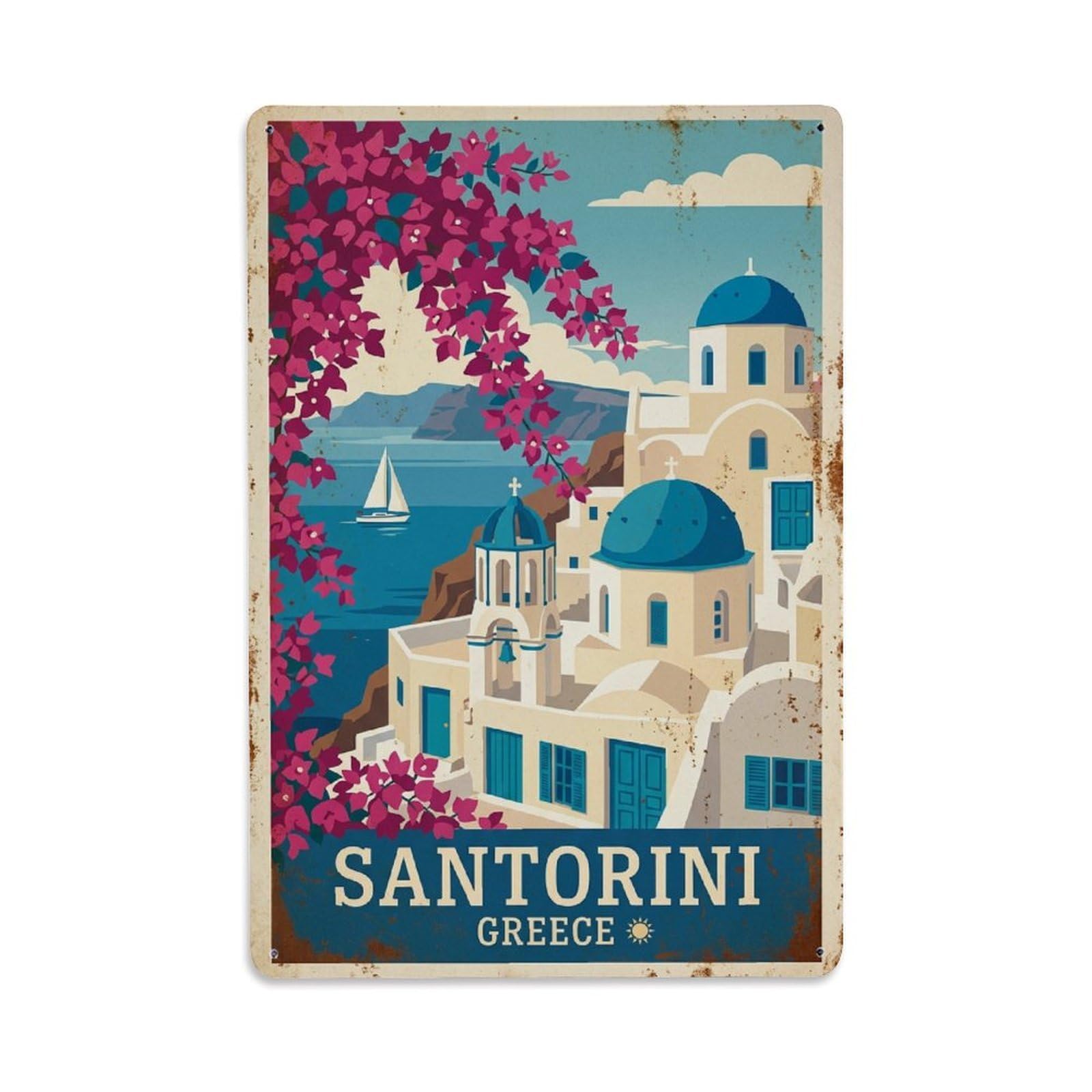 Fyrn Style Metal Tin Sign Vintage Travel Santorini Greece Flowers