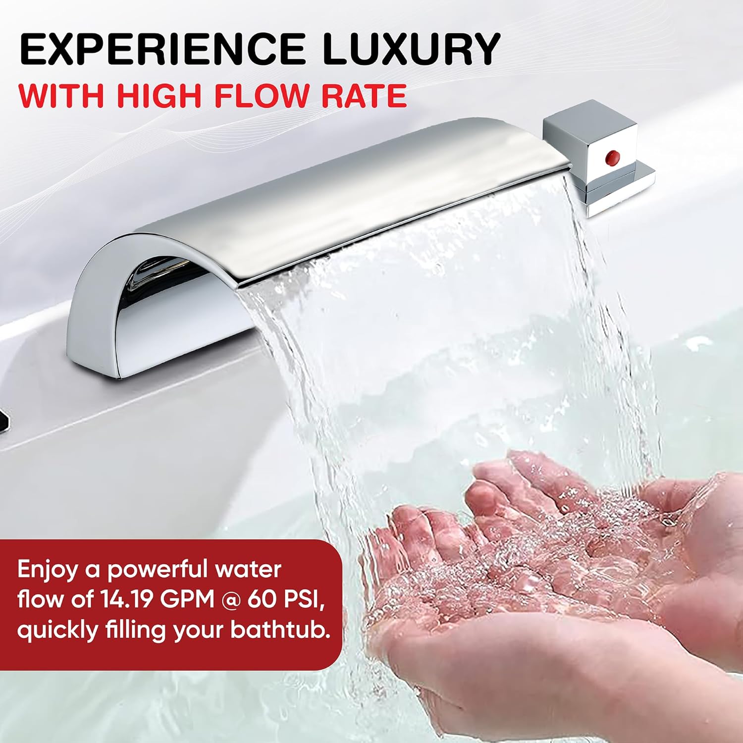 Roman Tub Faucet | Waterfall Tub Filler | Deck Mount Brass Faucet | 3-Hole with 2 Handles | High Flow, Anti-Corrosion, Modern Design
