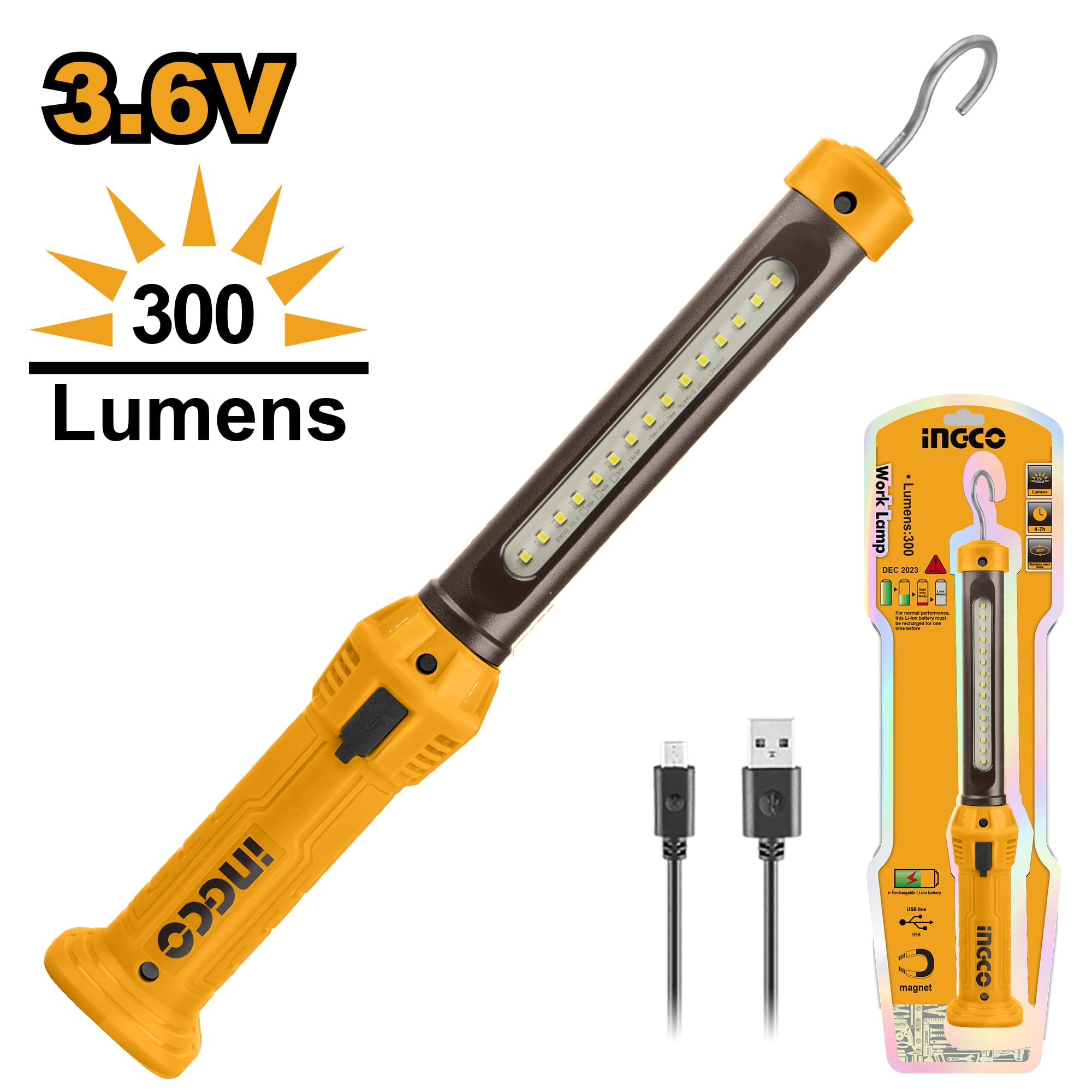 Ingco Cordless Work Lamp with USB Charging Line HWLI35261 : Amazon