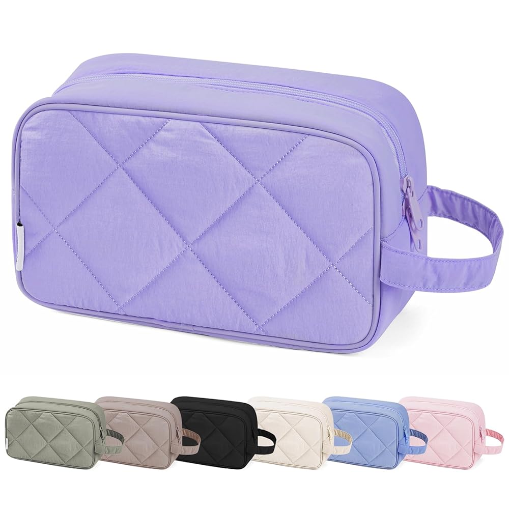 Narwey Toiletry Bag for Traveling Women with Handle, Quilted Makeup Bag for Women, Puffy Make up Bags Organizer Case Cosmetic Bag for Teen Girls (Purple)