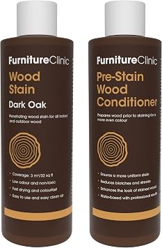 Furniture Clinic 8.5oz Dark Oak Wood Stain + 250ml Pre-Stain Wood Conditioner | Water Based | Fast Drying, Low Odor, Non-Toxic | for Indoor & Outdoor Furniture and More