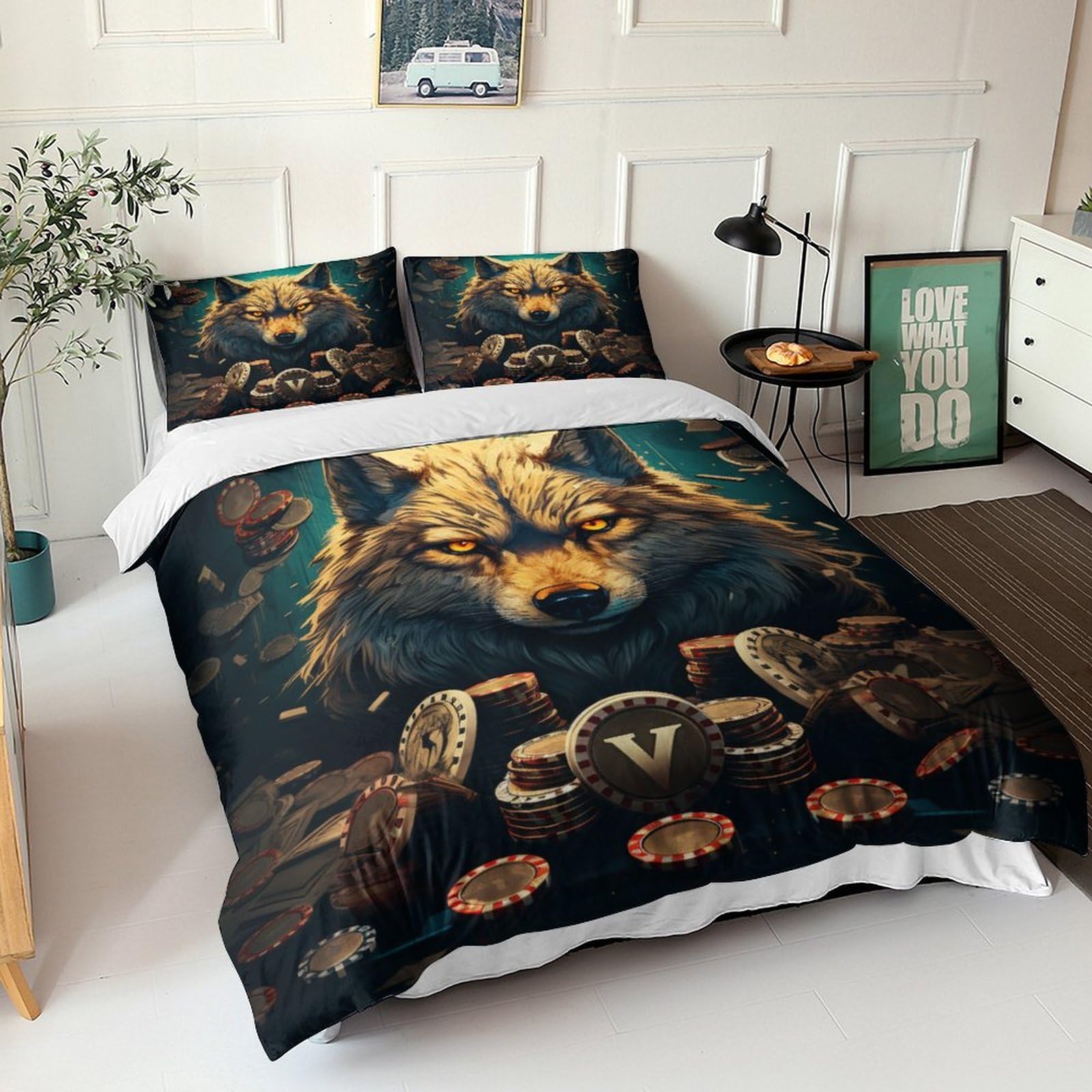 Wolf-Bettwäsche-Set, 3D-Druck, Bettbezug-Set mit Kissenbezügen, Heimtextilien, Doppelbettgröße, Tier-Bettbezug (200 x 200 cm)
