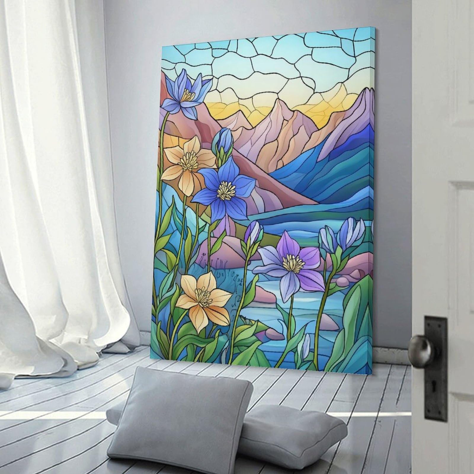 Junmoney Mountain Flowers Stained Glass Canvas Art Print, 08x12inch(20x30cm), for Bedrooms, Workspaces And Everyday Interiors, A Flexible Wall Accent for Shared Spaces