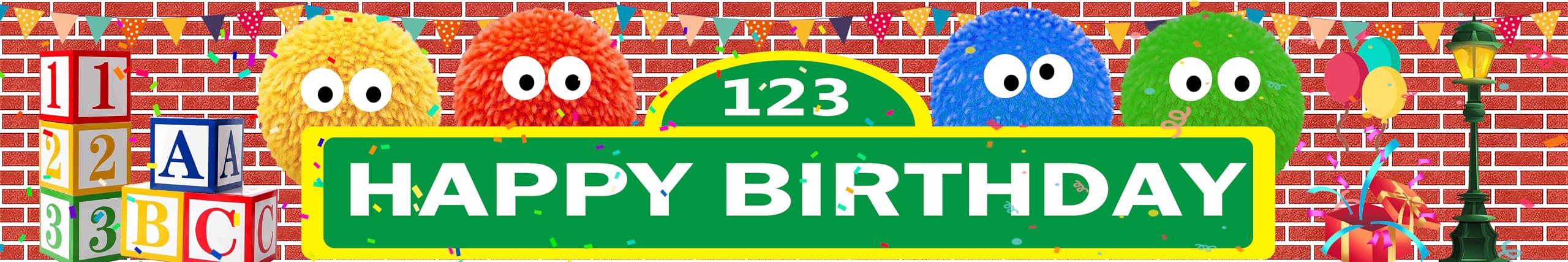 Sesame Cartoon Street Happy Birthday Banner Elmo Birthday Party Decorations Cookie monster Outdoor and Indoor Sign Banner For Girls Boys Sesame Birthday Party Supplies Decor,118"L x 19.7"W