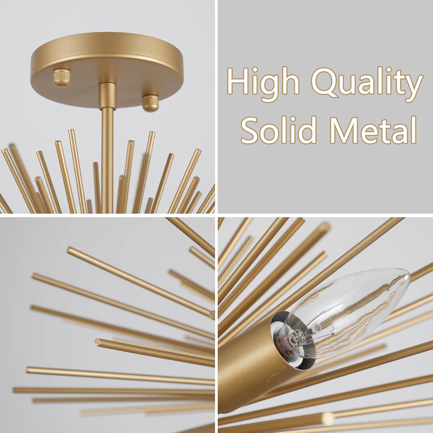 20" Gold Modern Sputnik Chandeliers Ceiling Light Fixture,4-Light Mid Century Semi Flush Mount Ceiling Lights, Starburst Satellite Chandeliers for Bedroom Kitchen Hallway Entryway Office E12