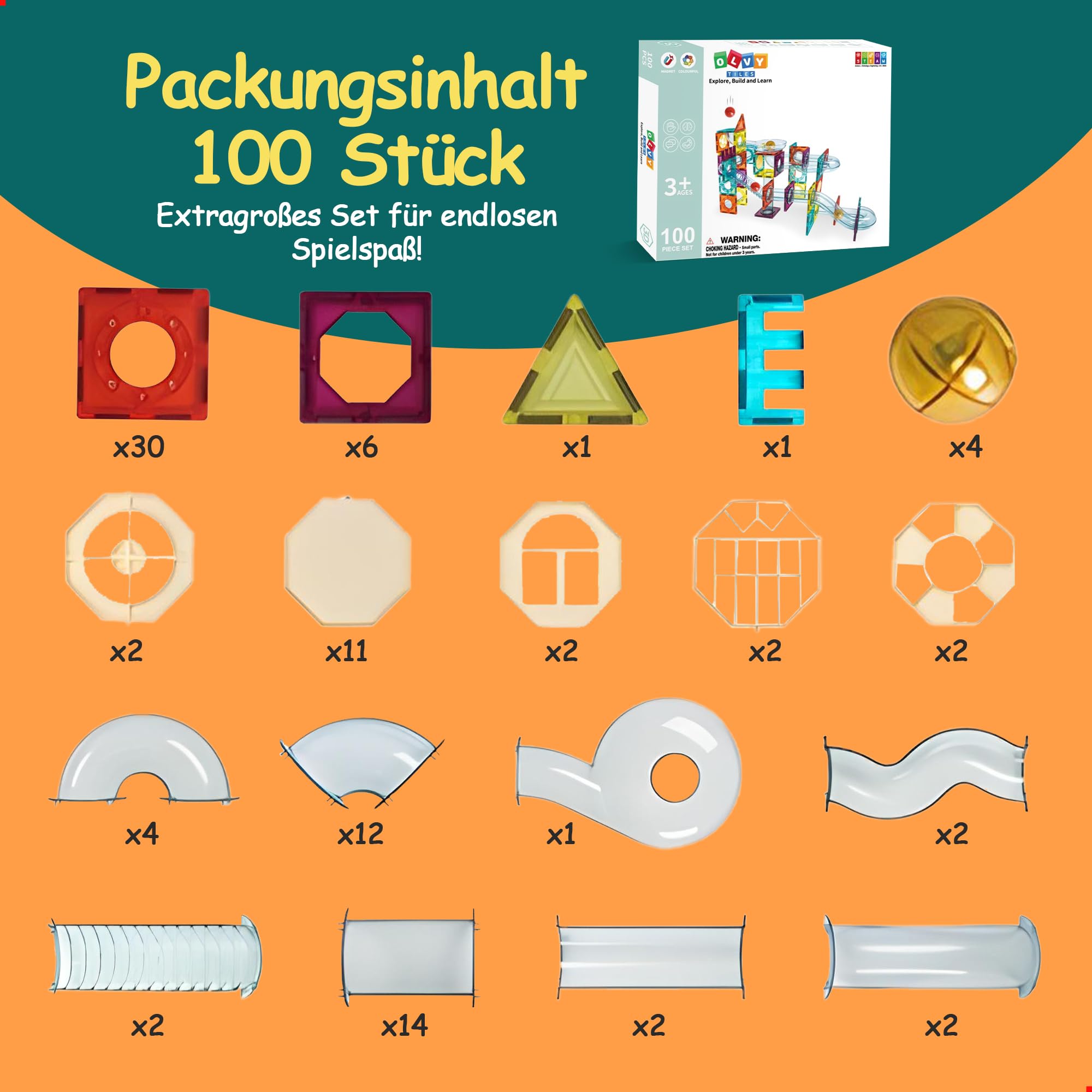 Olvy Magnetische Bausteine Montessori Spielzeug - 100 Magnetic Tiles Kinder - Murmelbahn Magnetisches Konstruktionsspielzeug Ab 3 Jahre - Smart Playground Magnetbausteine, Magnetset Kinder
