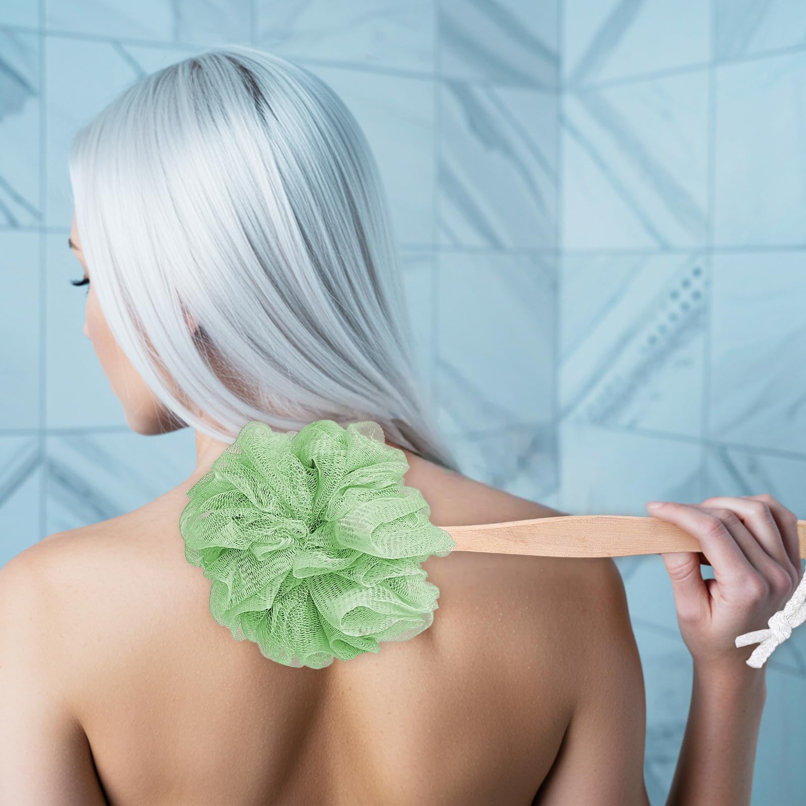 10 spugne grandi da bagno in luffa con manico lungo per doccia, luffa con manico per schiena, spazzola spa per donne e uomini (4 colori)