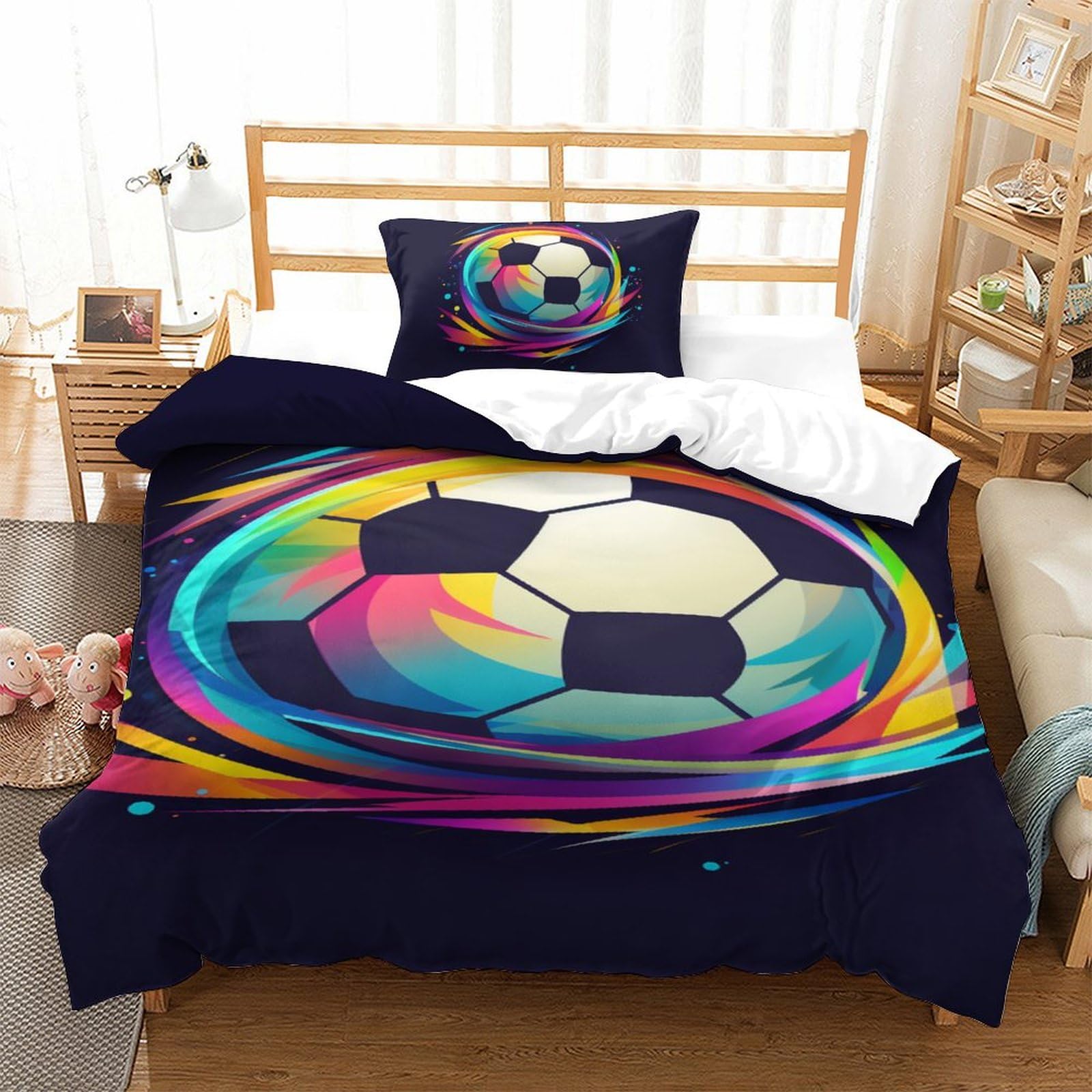 Housse de couette football 3D douce 3 pièces 135x200cm avec fermeture éclair pour lit simple