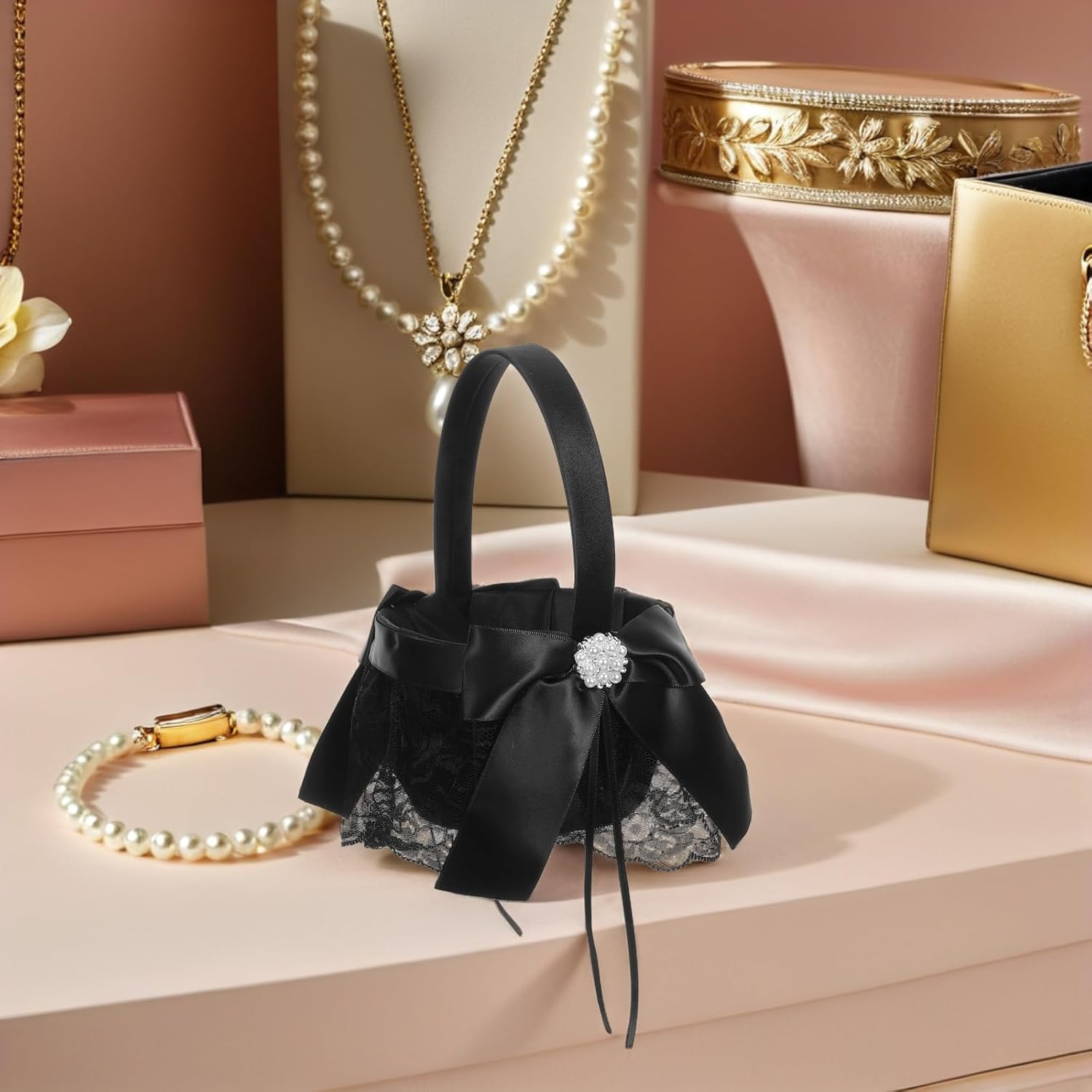 LUOZZY 2pcs Black Wedding Flower Girl Basket with Handle for Ceremony Petal Holder Romantic Floral Decoration