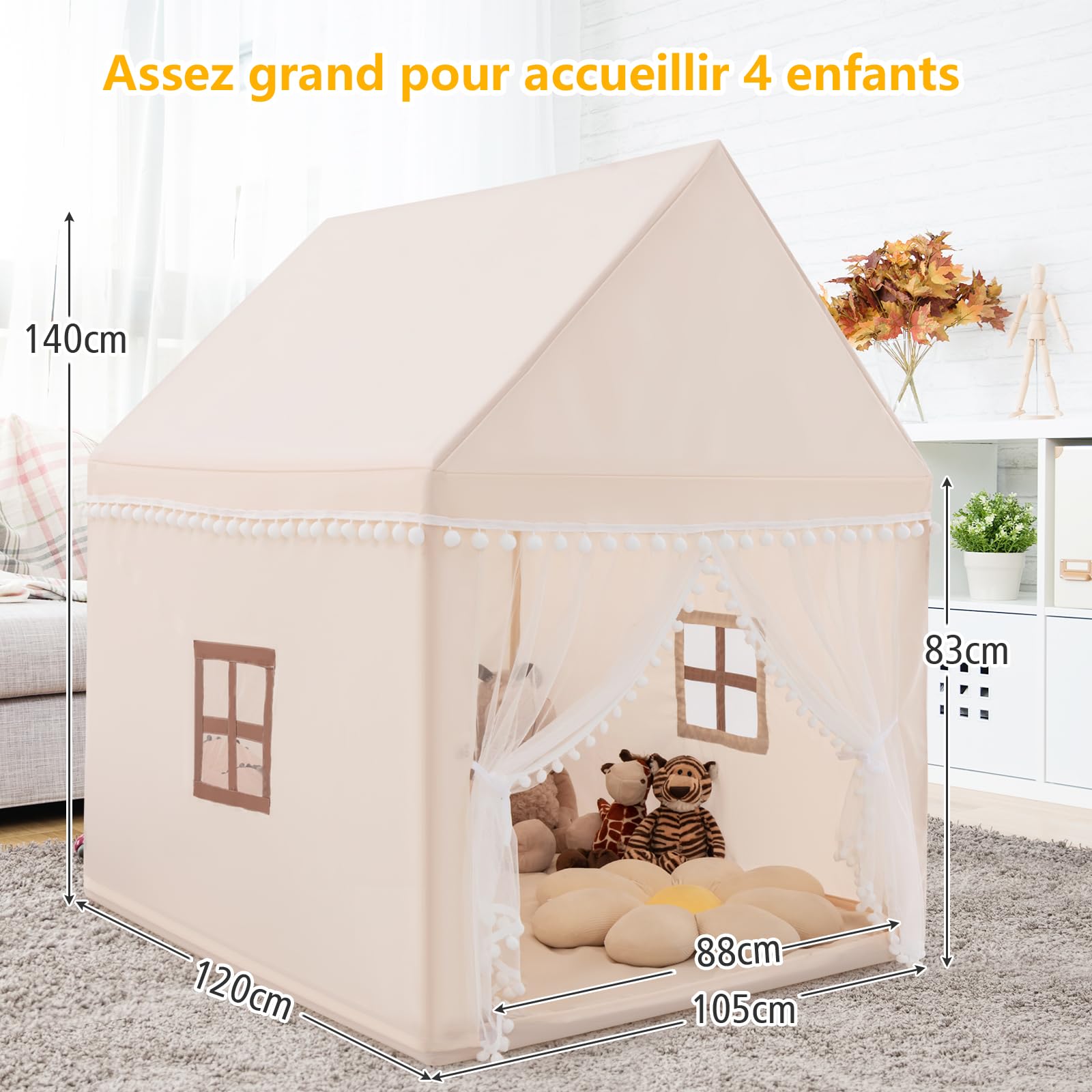DREAMADE Tente de Jeu pour Enfant avec Tapis Épais,Cabane Garçons Filles Intérieur Extérieur avec Cadre en Bois&Moustiquaire&Fenêtre Maillée&,105x120x140CM (Beige)