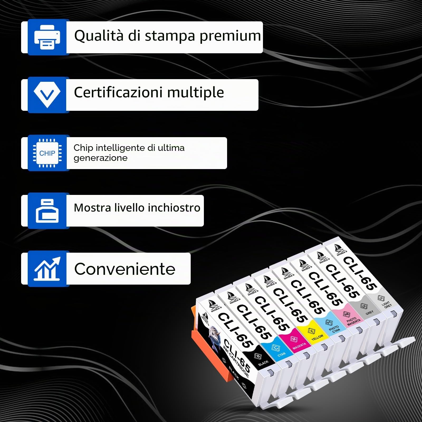 DOUBLE D CLI-65 Cartuccia d'inchiostro per Canon CLI-65 CLI65 compatibili con stampanti Canon PIXMA PRO-200, confezione da 8 (Pigmet BK,C,M,Y,PC,PM, GY,LGY)