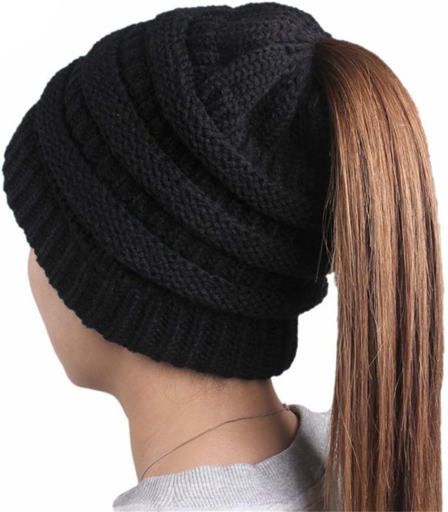 Wholesale Womens Beanie Tail Hats Ponytail Beanie Hats Soft Stretch Cable Knit Messy High Bun Knit Beanies Warm Winter Chunky Skull Cap for Sports Outdoor Black