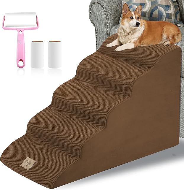 5-Step Dog Stairs, Extra Large Pet Steps for High Bed Pet Ramp Ladder with Washable Plush Cover & High Density Foam for Small Dogs and Cats, Send Sticky Lint Roller Set, LightBrown