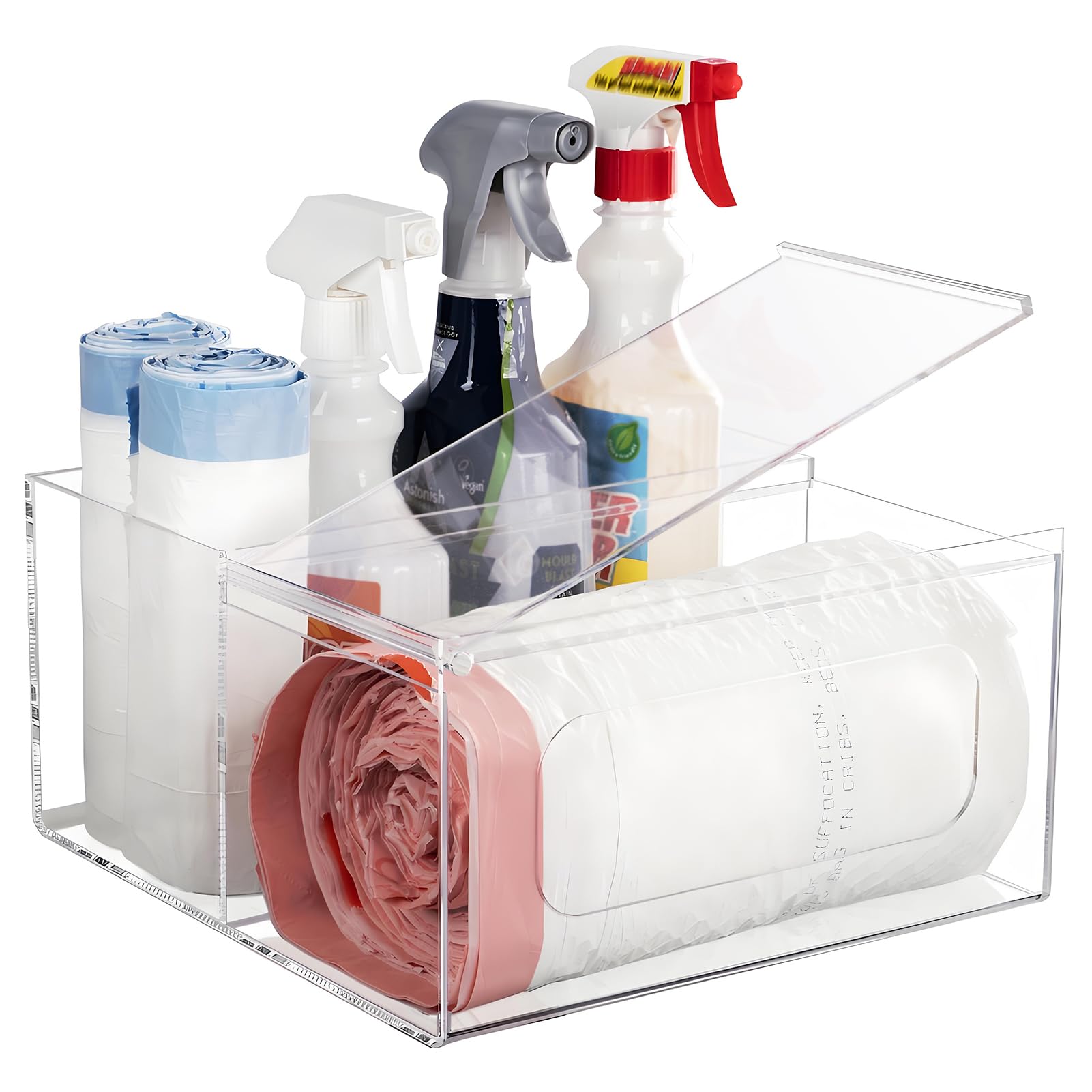 Acrylic Trash Bag Holder Dispenser Kitchen and Bathroom Organizers and Storage - Large Garbage Bag Dispenser Under Sink - Clear Laundry Room Organization with Lid