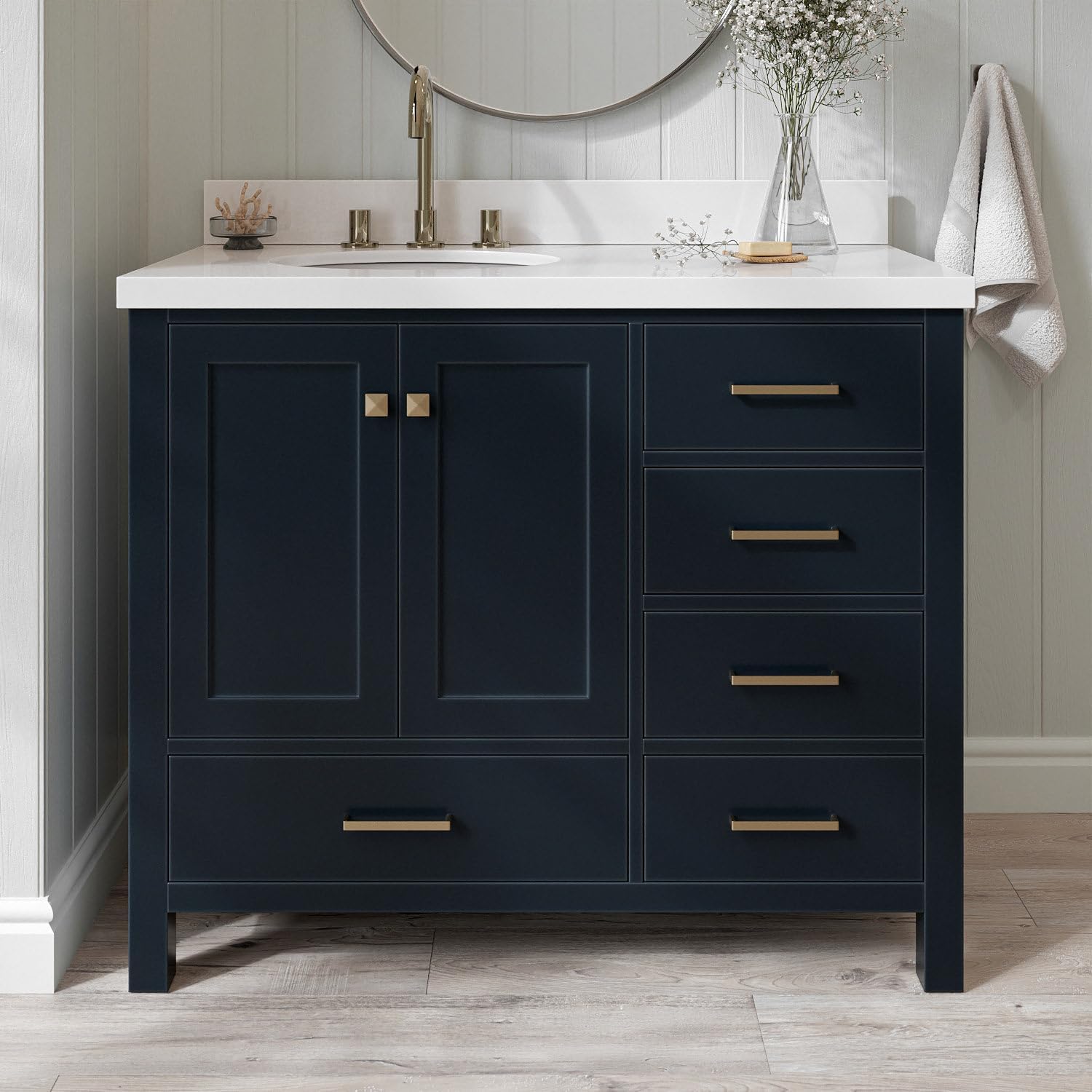 ARIEL Cambridge 42-inch Bathroom Vanity with Sink,Solid Wood, 1.5-inch Pure White Quartz Countertop & Backsplash, Single Oval Porcelain Sink, 2 Soft Closing Doors, 5 Dovetail Drawers, Midnight Blue