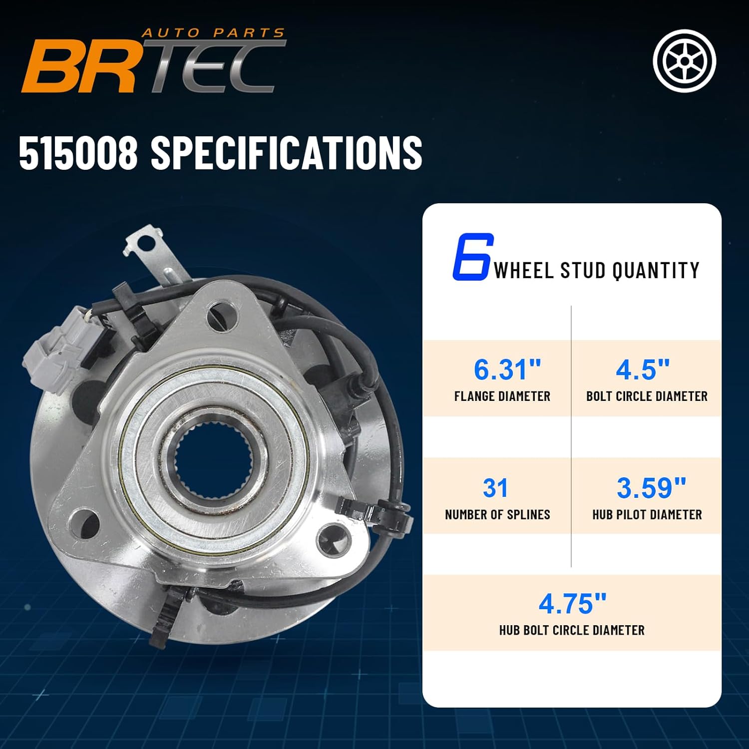 515008 Front Wheel Hub and Bearing Assembly for Dodge Dakota 1997-2004, for Dodge Durango 1998-2003 4WD 6 Lug W/ABS