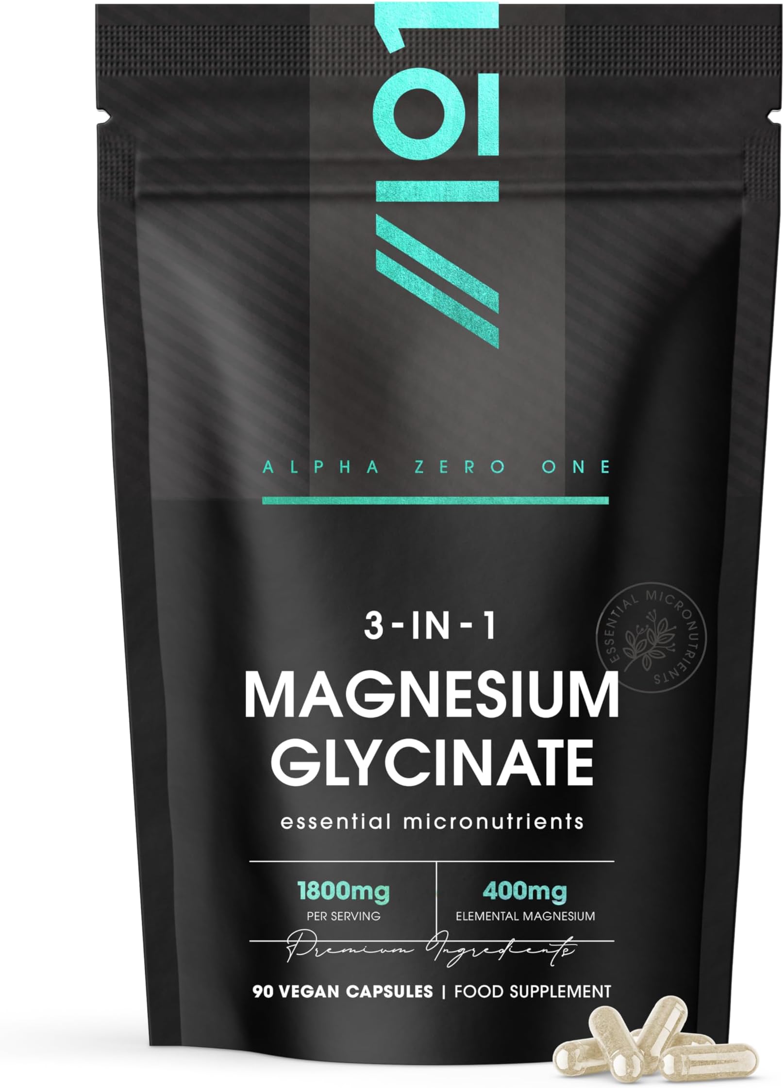 Magnesium Glycinate 3-in-1 Complex – 1800mg Supplements as Bisglycinate, Citrate & Malate – 90 Vegan Capsules – Triple High Absorption 400mg Elemental by Alpha01