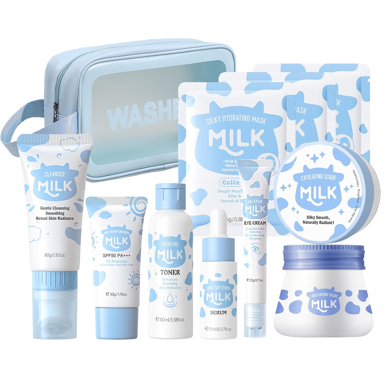 Milk Skincare Set 11-in-1 for Kids & Teens Girls, Gentle Milk Extract Face Care Kit with Cleanser, Eye Cream, Sunscreen, Toner, Serum, Face Moisturiser, Masks, Exfoliating Scrub, Makeup Bag (Set A)