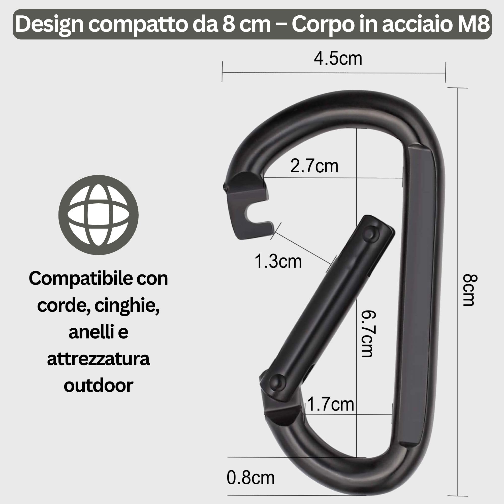 Moschettone Acciaio Inox Nero M8 8 cm (Set da 4) - Moschettoni portachiavi porta chiavi a molla fino a 250 kg - zaino borse guinzaglio cane amaca campeggio palestra