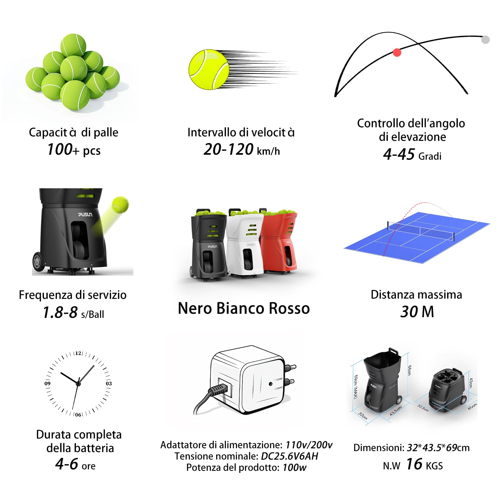 PT-Smart - Macchina per palline da tennis con app, telecomando | Lanciatore elettronico portatile | Batteria 4-6 ore | Oscillazione con Topspin e Backspin | Attrezzatura per allenamento per adulti |