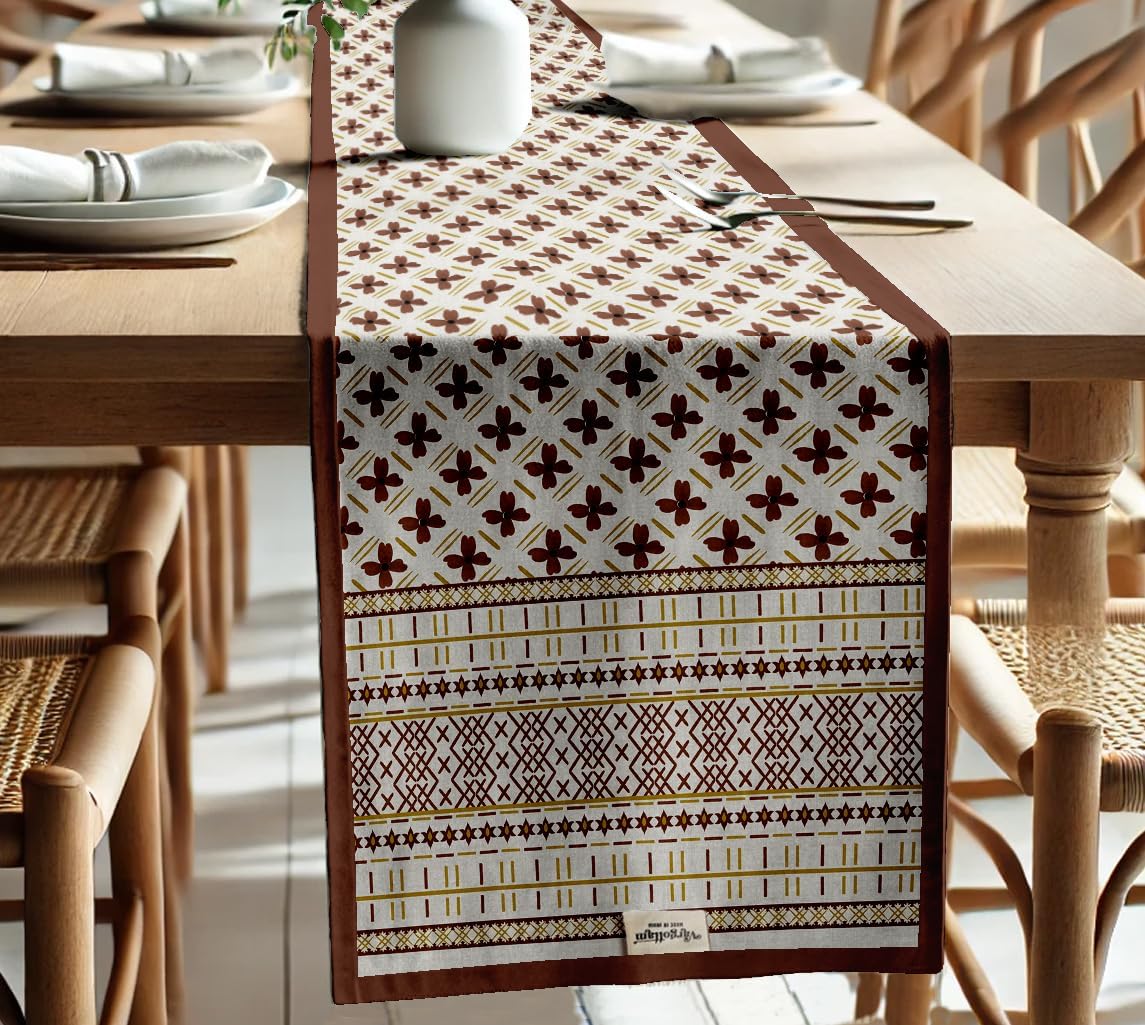 Handcrafted Double Layer Cotton Table Runner - Vargottam Fabric Table Linen with Border - Machine Washable, Stylish Runner for Dining & Console Tables - Floral