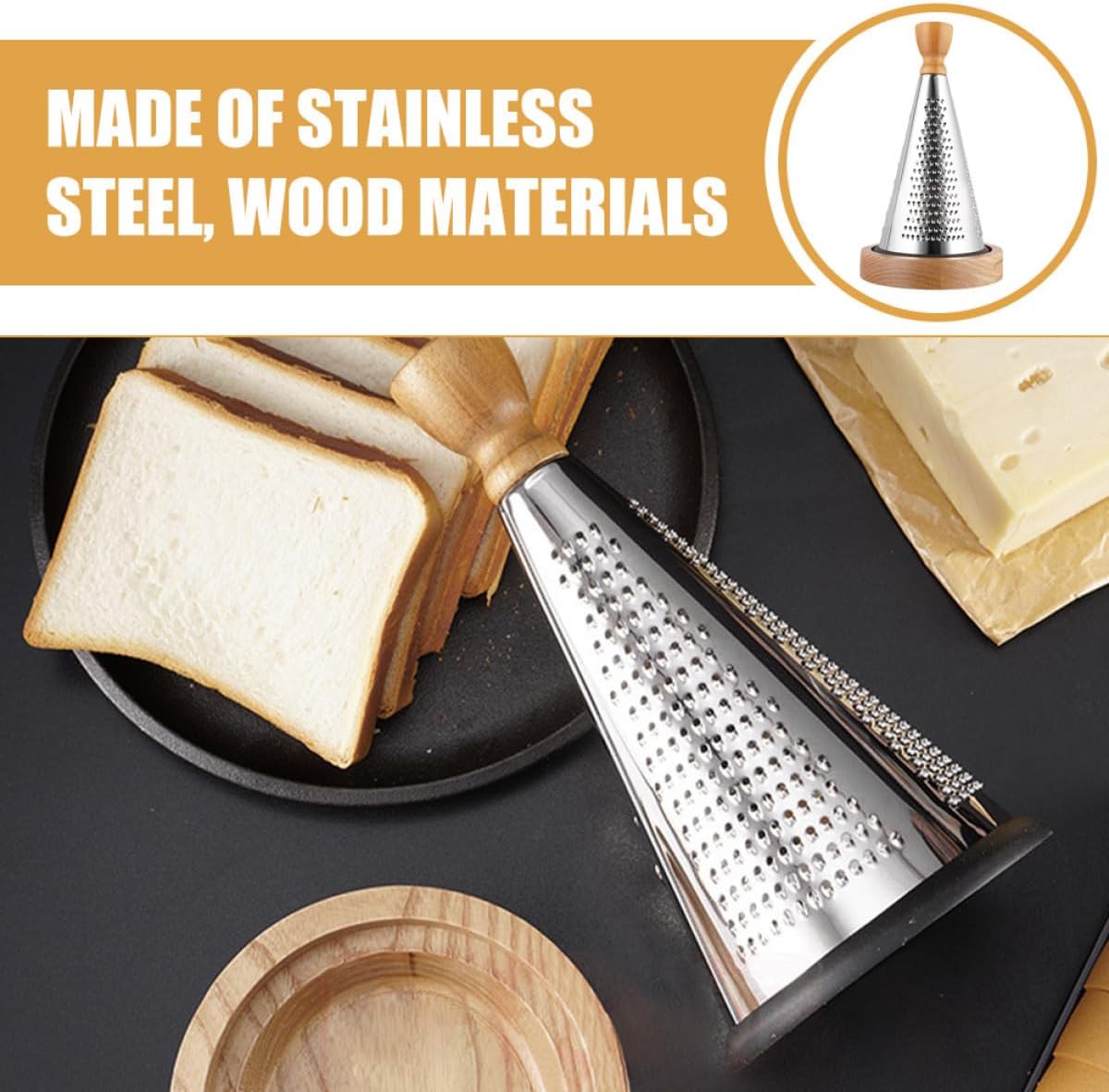 Multipurpose Cone-shaped Kitchen Metal Cheese Grater with Wooden Handle, Household 3-sided Cheese and Vegetable Grating Tool for Home Cooking