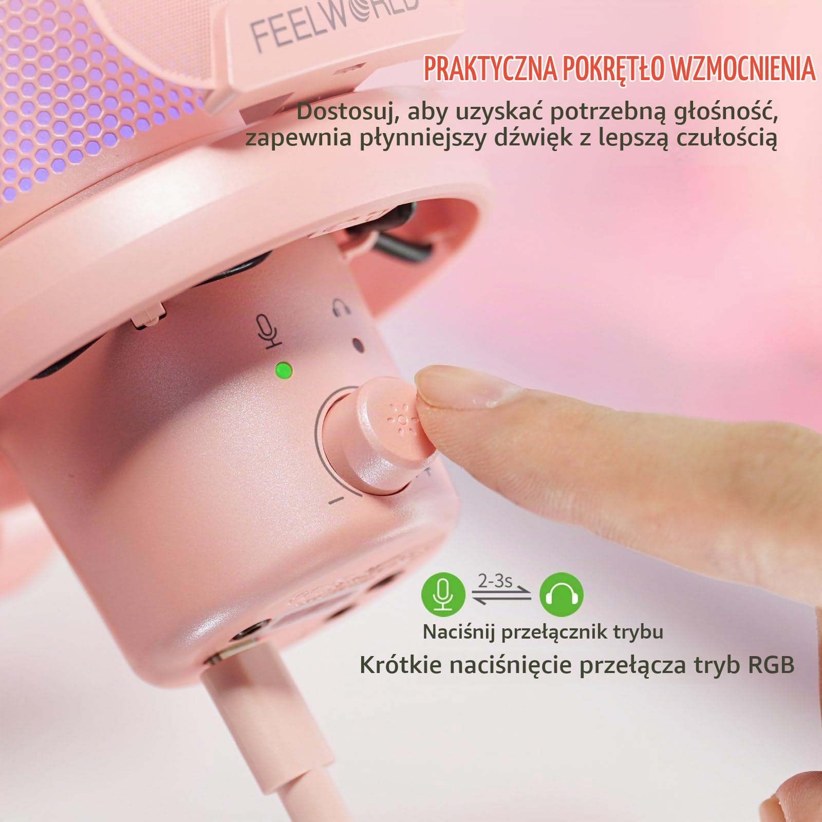 Feelworld VM1 mikrofon gamingowy USB ze stojakiem wspornikowym do nagrywania podcastów, gier wideo, studyjnego mikrofonu komputerowego, różowy z kardioidalnym wskazaniem, oświetlenie RGB, siatka